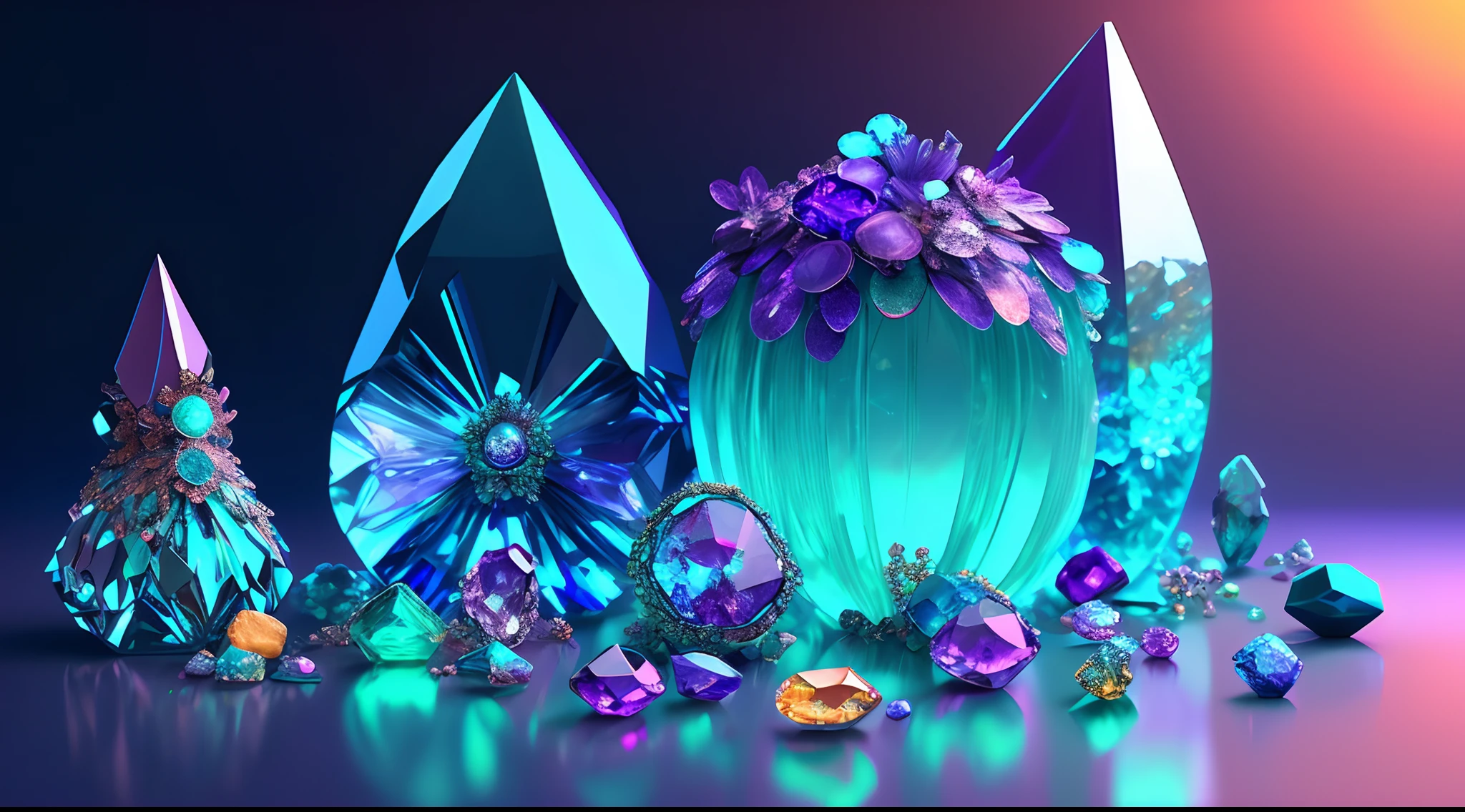 A lot of gemstones are scattered on the floor,  luxurious decor, Bio-luminescence, elegant, painting-like, Ultra-detailed, Delicate; with an intricate, surreal concept art, Aesthetic, smooth, Sharp, professional, masutepiece, custom, Best quality, color corrected, Fix it in the post.8K