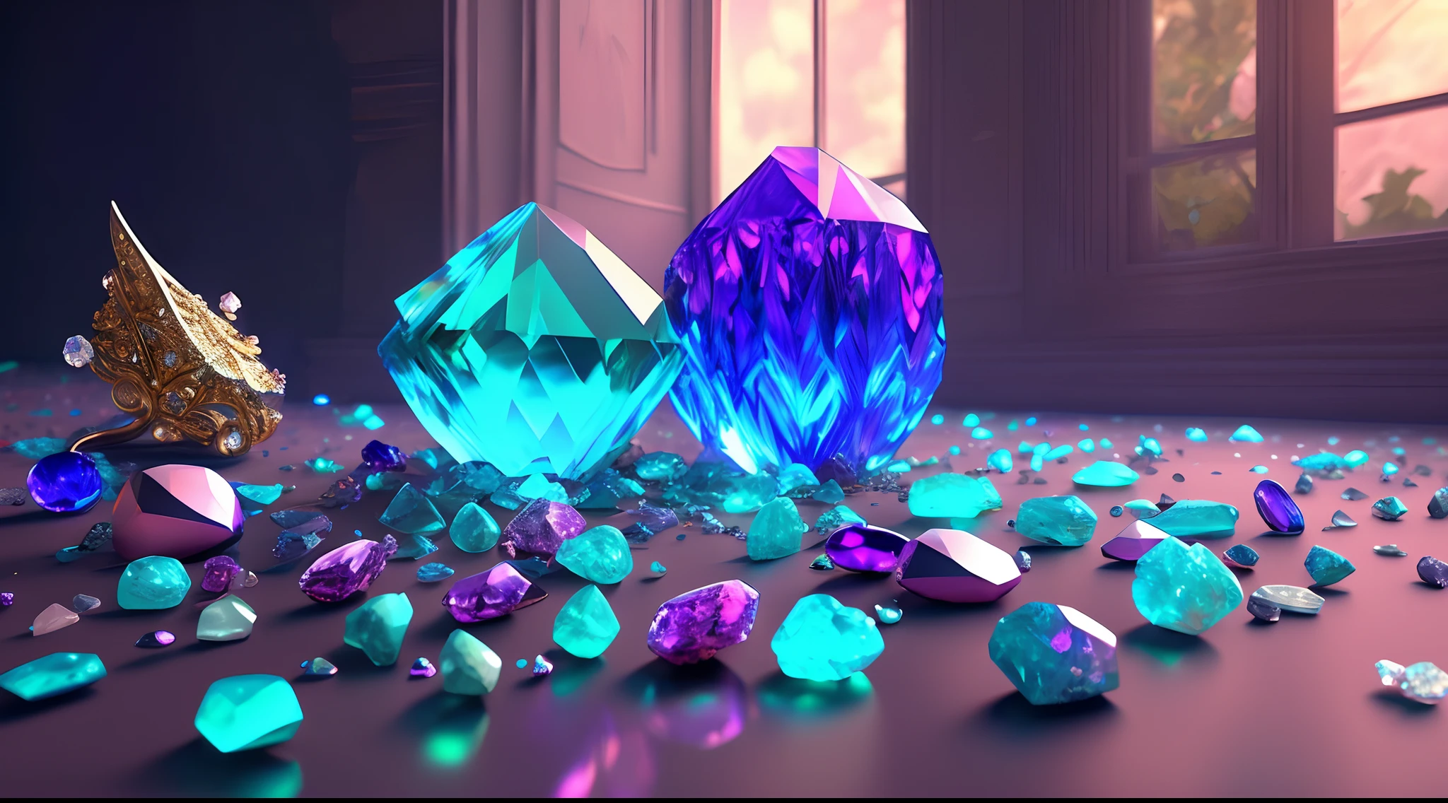 A lot of gemstones are scattered on the floor, luxurious decor, Bio-luminescence, elegant, painting-like, Ultra-detailed, Delicate; with an intricate, surreal concept art, Aesthetic, smooth, Sharp, professional, masutepiece, custom, Best quality, color corrected, Fix it in the post.8K
