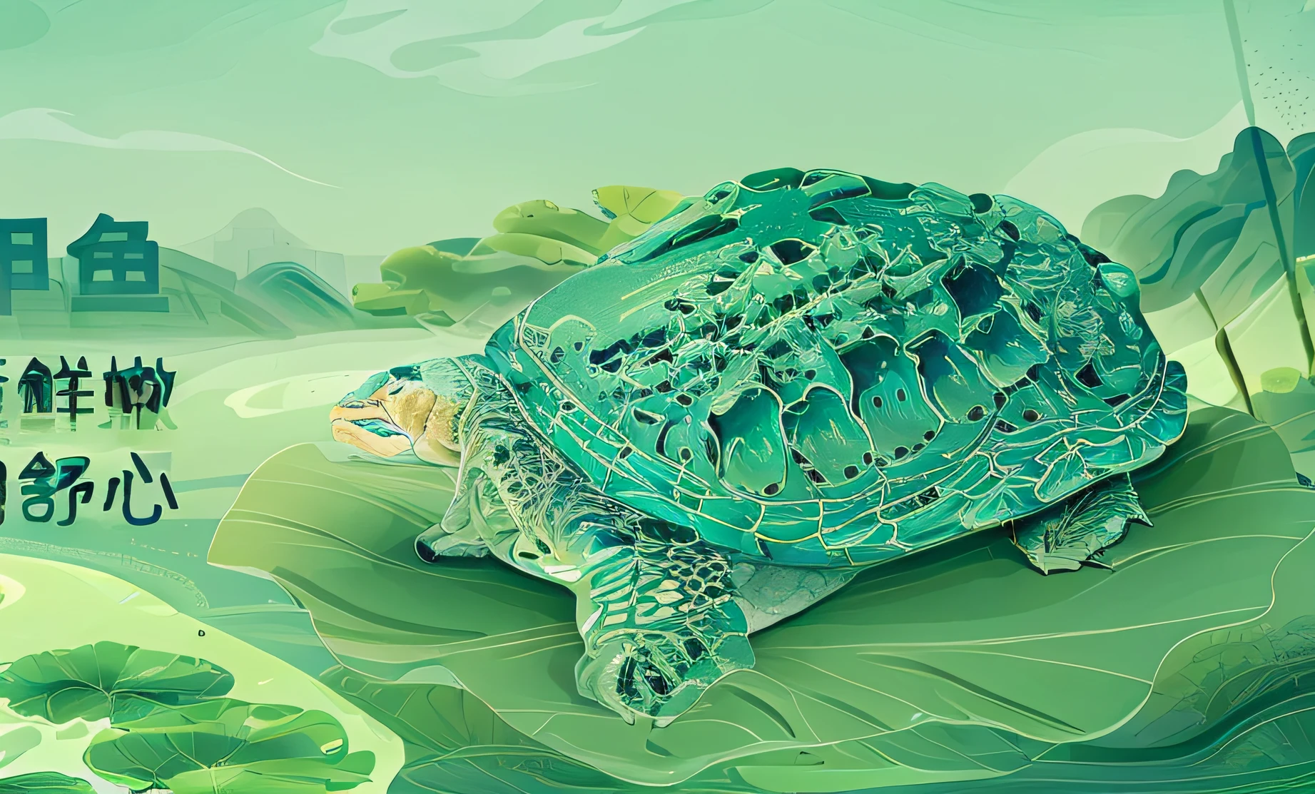 There is one sitting on a leaf in the water, Old age, Mitch McConnell as Turtle, lying on lily pad, as an anthropomorphic turtle, turtle, an anthropomorphic turtle, anthropomorphic turtle, simulating, great leviathan turtle, Large tortoise shell, A WORLD, wet amphibious skin, half turtle