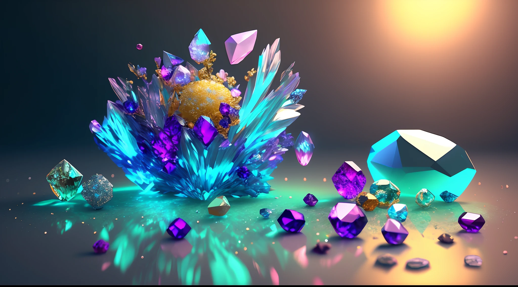 A lot of gemstones are scattered on the floor, luxurious decor, Bio-luminescence, elegant, painting-like, Ultra-detailed, Delicate; with an intricate, surreal concept art, Aesthetic, smooth, Sharp, professional, masutepiece, custom, Best quality, color corrected, Fix it in the post.8K