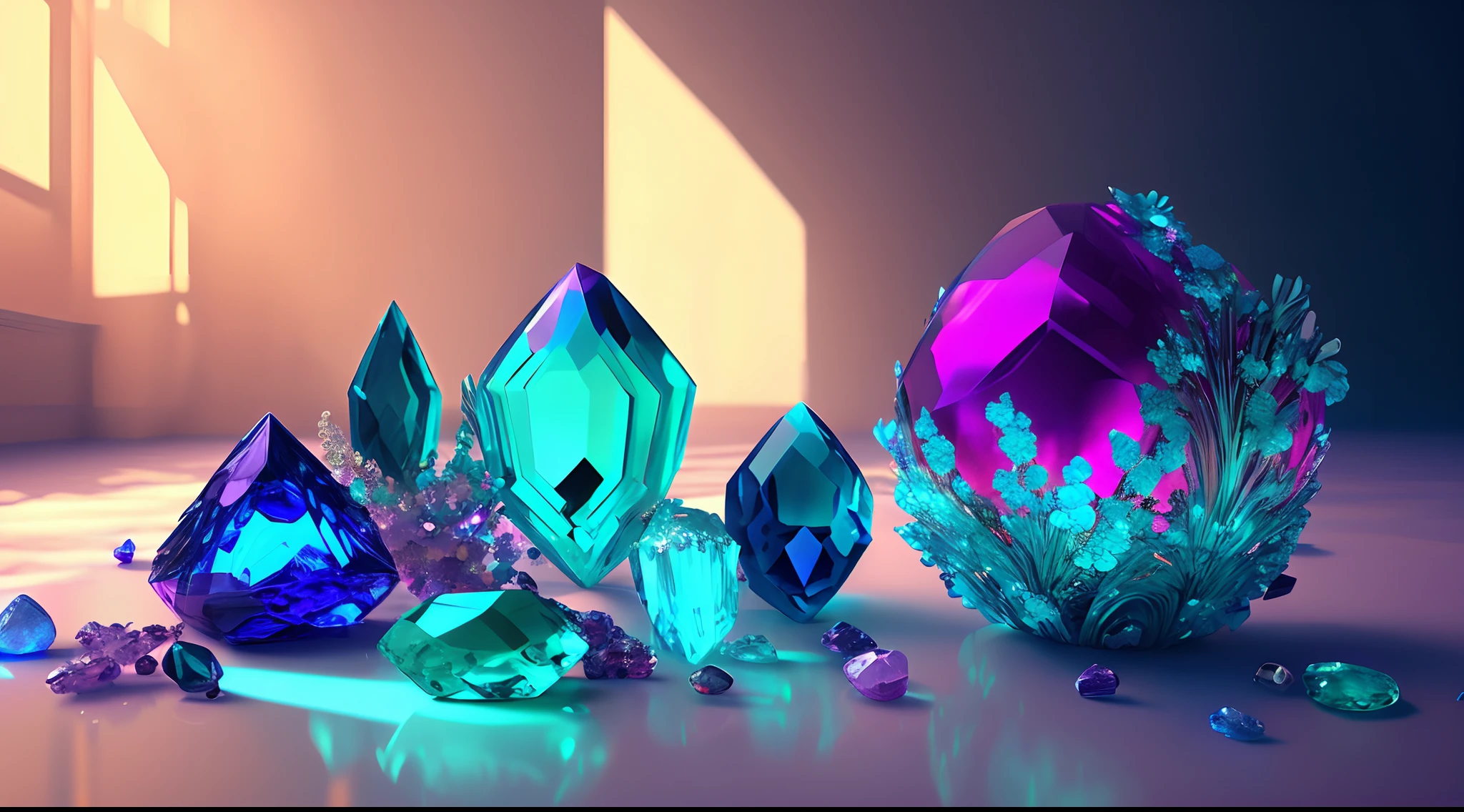 A lot of gemstones are scattered on the floor, luxurious decor, Bio-luminescence, elegant, painting-like, Ultra-detailed, Delicate; with an intricate, surreal concept art, Aesthetic, smooth, Sharp, professional, masutepiece, custom, Best quality, color corrected, Fix it in the post.8K