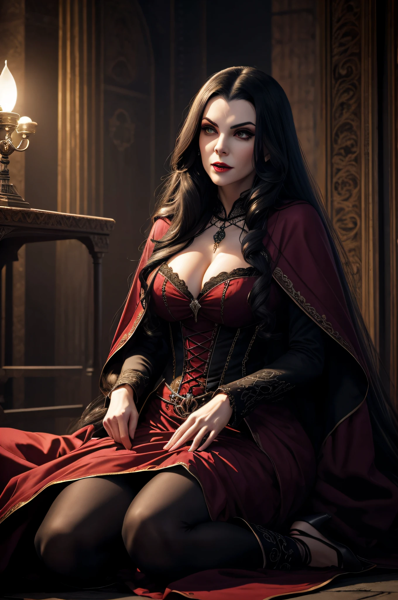 ( UHD ), ( 8k ), ( perfect lighting ), ( cores vivas ), ( texturas reais ), ( Construction of the body of the delicate characters ), ( obra prima ), Harem of beautiful vampires, Sexy vampírica jackets, fluttering tunics, cabelos lisos, flowing hair, sangue nas vestes, rosto famintos pela presa, victim on the ground, vampira sugando sangue, dark castle setting