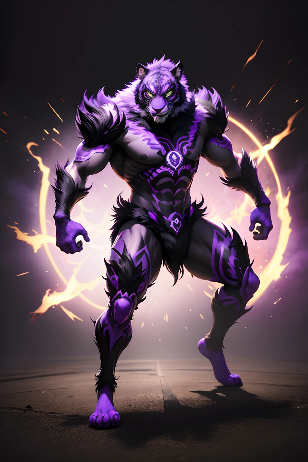 tiger mask creature, druid style, purple and black colors, casting spell pose, full body, Animal Anthropomorphism, realistic digital, humanoid, abstract background, global illumination, intricate, epic, dramatic, masterpiece, high detail, best quality, ultra high res