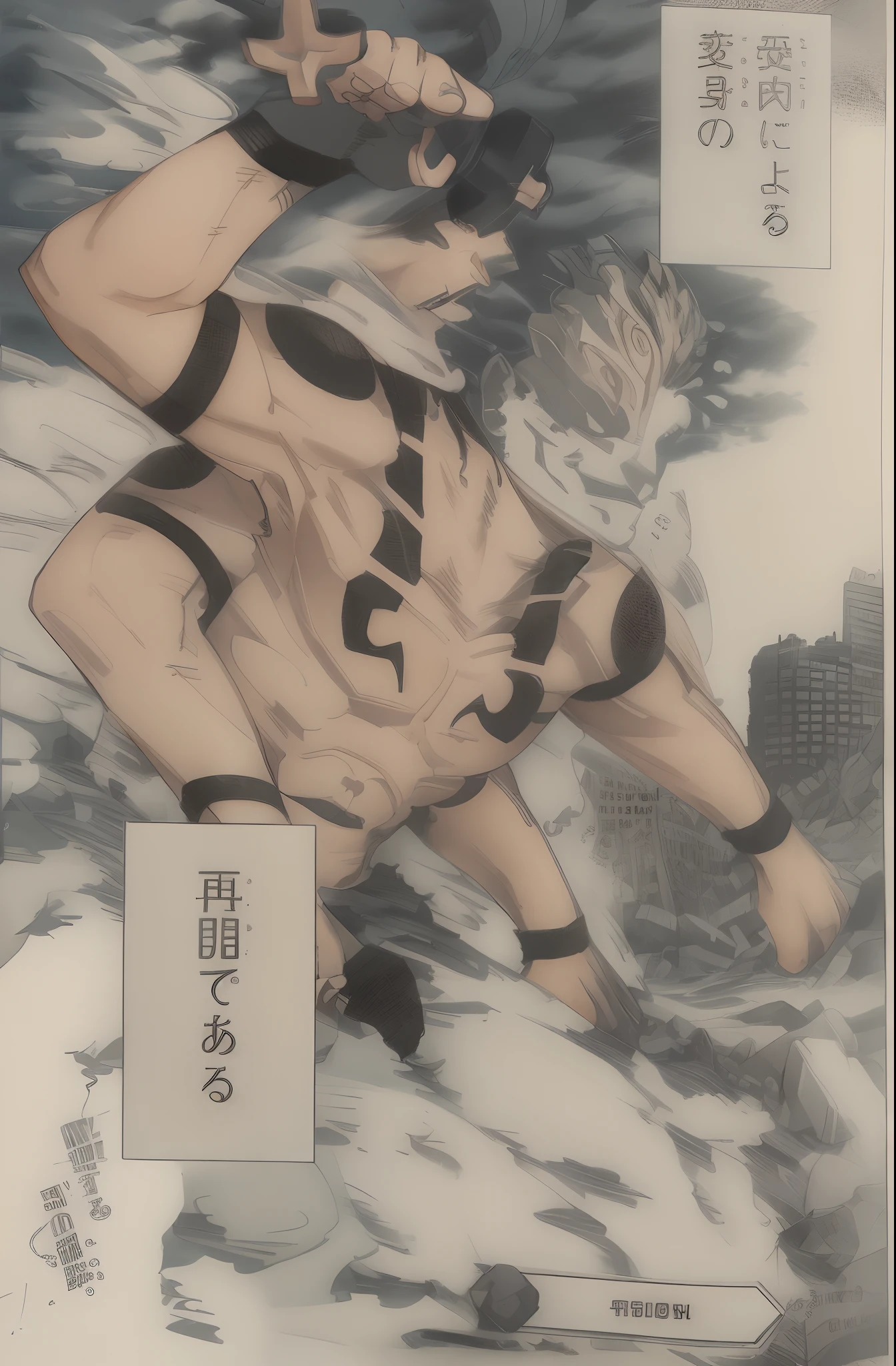 One men, four arm , smile face, black hair, body black tattoo, rock background, sky clouds,