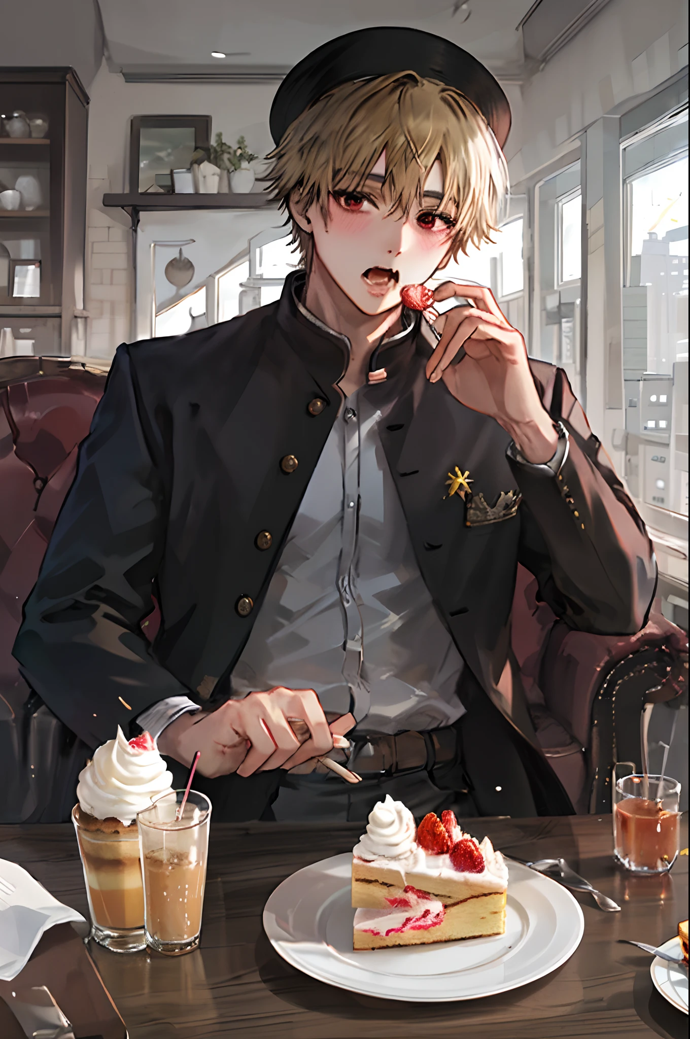 masterpiece, best quality, high quality, look at viewer, There was a boy sitting down, Young and handsome face, 1 boy, :o, blonde hair, red eyes, In the cafe, eating whole cake, messy eating, eating with his hands, strawberry sponge cake, whipped cream around the mouth, smash cake, Hands full of whipped cream, perfect hands, gakuran, open the front of the gakuran, T-shirt