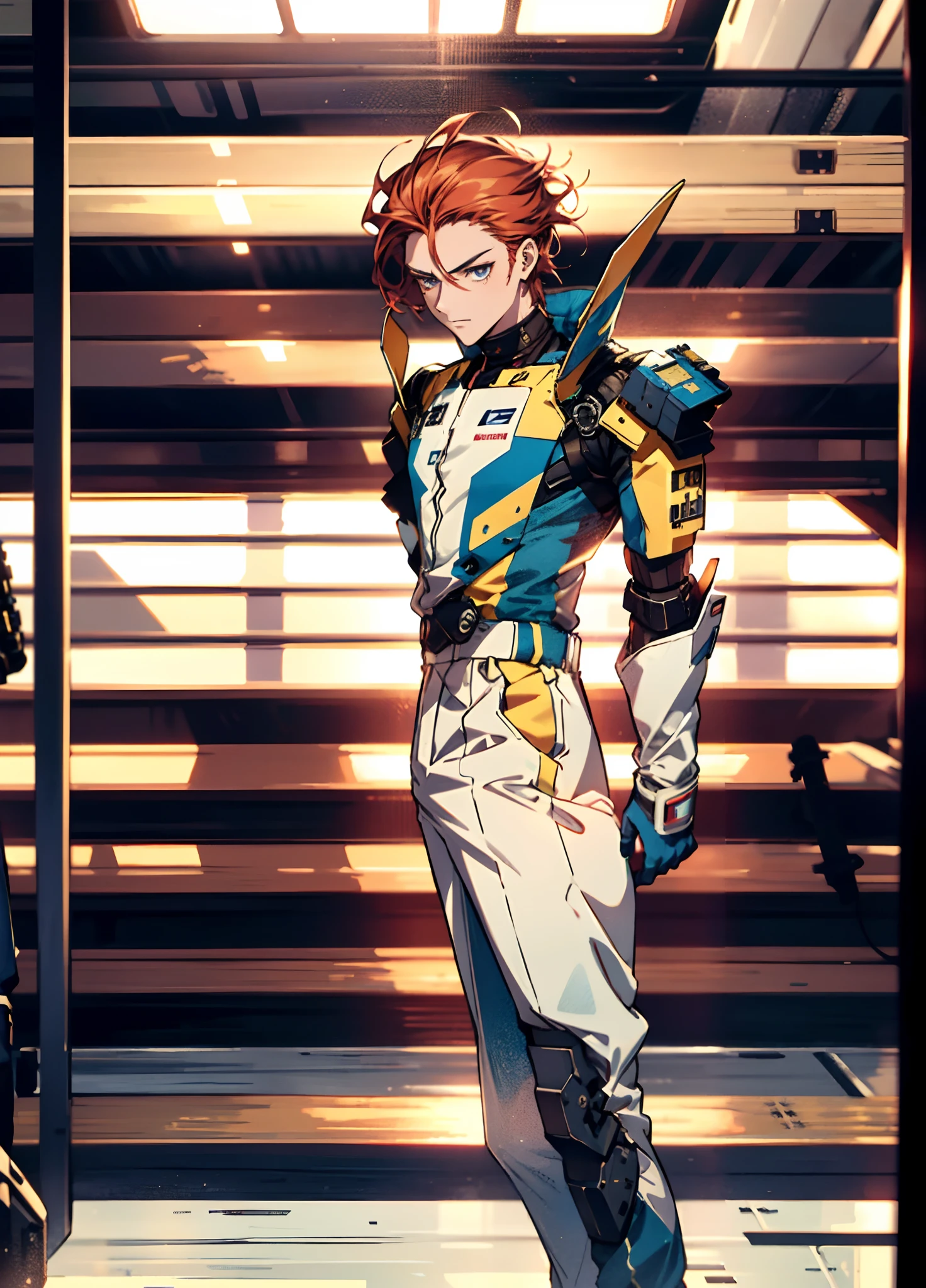 A man with short red-gold hair, hair slicked back, thick and disheveled hair, a cold and ruthless gaze, a confident expression, wears a two-piece futuristic military-style uniform, primarily in shades of white and red, accented by touches of yellow, streamlined wristguard gloves, matching trousers, he stands in a futuristic sci-fi-style hangar housing a colossal mech, stands within a futuristic sci-fi hangar, where a colossal mech is stationed, this character embodies a finely crafted futuristic military officer in anime style, characterized by an exquisite and mature manga illustration art style, high definition, best quality, highres, ultra-detailed, ultra-fine painting, extremely delicate, professional, anatomically correct, symmetrical face, extremely detailed eyes and face, high quality eyes, creativity, RAW photo, UHD, 8k, Natural light, cinematic lighting, masterpiece:1.5