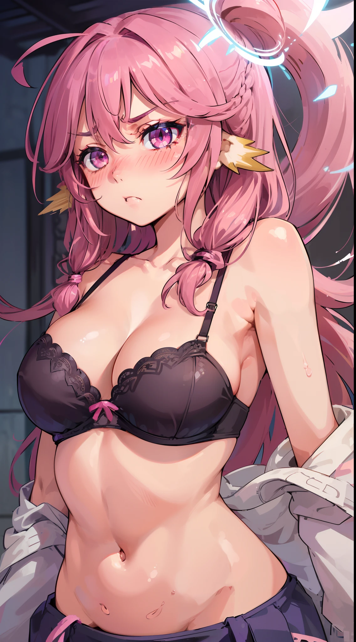Jibril, ((upper body)), blushed, perfect anatomy, detailed eyes, detailed lips, extremely detailed eyes and face, vivid colors, sharp focus, masterpiece:1.2, ultra-detailed, blushed, ((doggystyle)), (solo), ((bra)), sleeveless, ((((random hairstyle)))), (((disdain, disgust))), looking at viewer