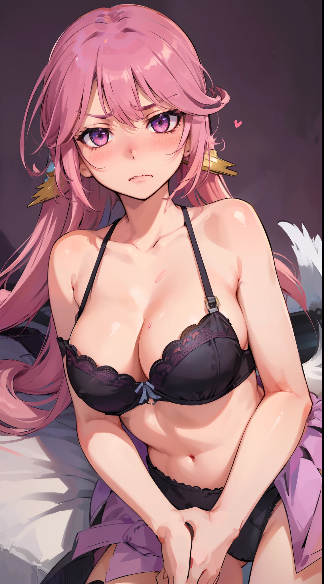 Jibril, ((upper body)), blushed, perfect anatomy, detailed eyes, detailed lips, extremely detailed eyes and face, vivid colors, sharp focus, masterpiece:1.2, ultra-detailed, blushed, ((doggystyle)), (solo), ((bra)), sleeveless, ((((random hairstyle)))), (((disdain, disgust))), looking at viewer