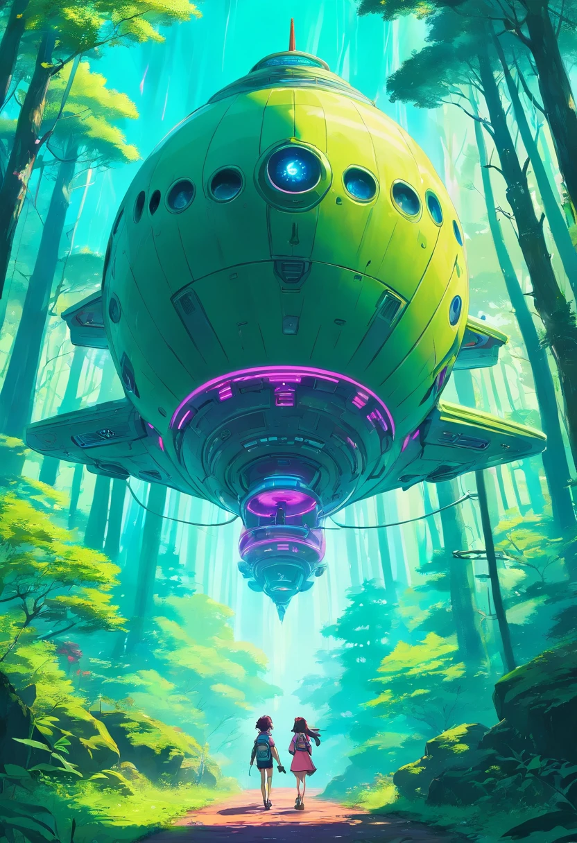 “((Best quality)), ((masterpiece)), ((dreamy)), ((synthwave punk)),"Imagine a dreamy fantastical dreamscape of detailed "spaceship sci fi anime" in forest, background are flying aliens