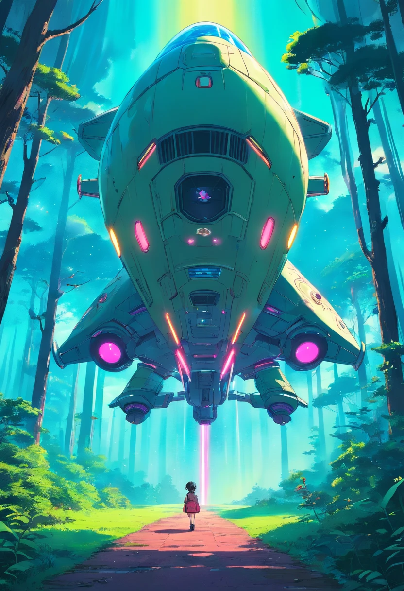 “((Best quality)), ((masterpiece)), ((dreamy)), ((synthwave punk)),"Imagine a dreamy fantastical dreamscape of detailed "spaceship sci fi anime" in forest, background are flying aliens