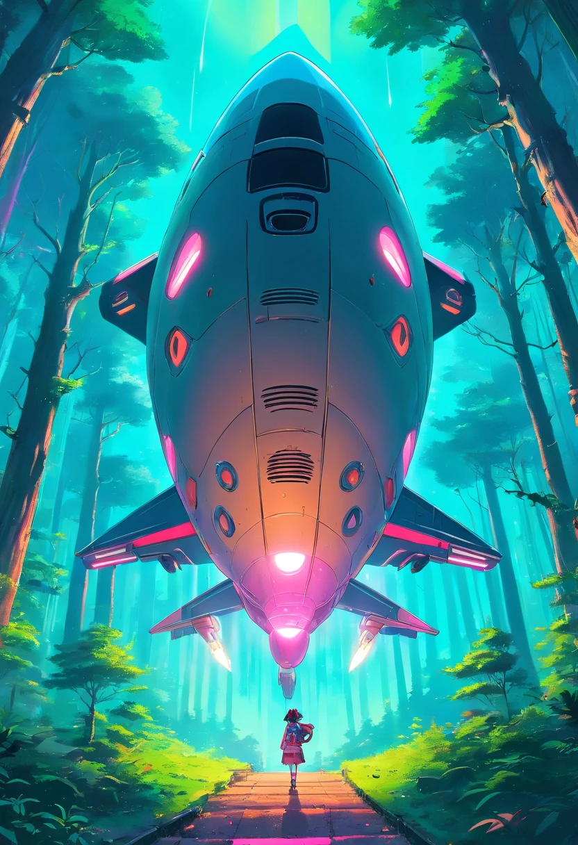 “((Best quality)), ((masterpiece)), ((dreamy)), ((synthwave punk)),"Imagine a dreamy fantastical dreamscape of detailed "spaceship sci fi anime" in forest, background are flying aliens