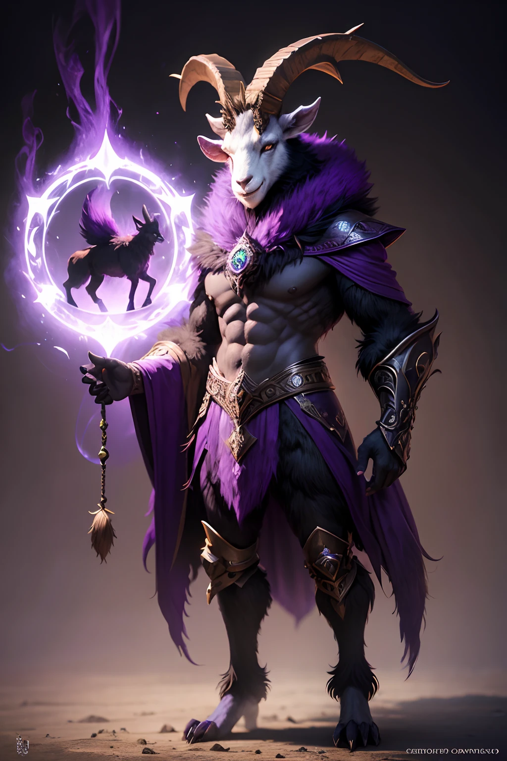 goat mask creature, druid style, purple and black colors, casting spell pose, full body, Animal Anthropomorphism, realistic digital, humanoid, abstract background, global illumination, intricate, epic, dramatic, masterpiece, high detail, best quality, ultra high res