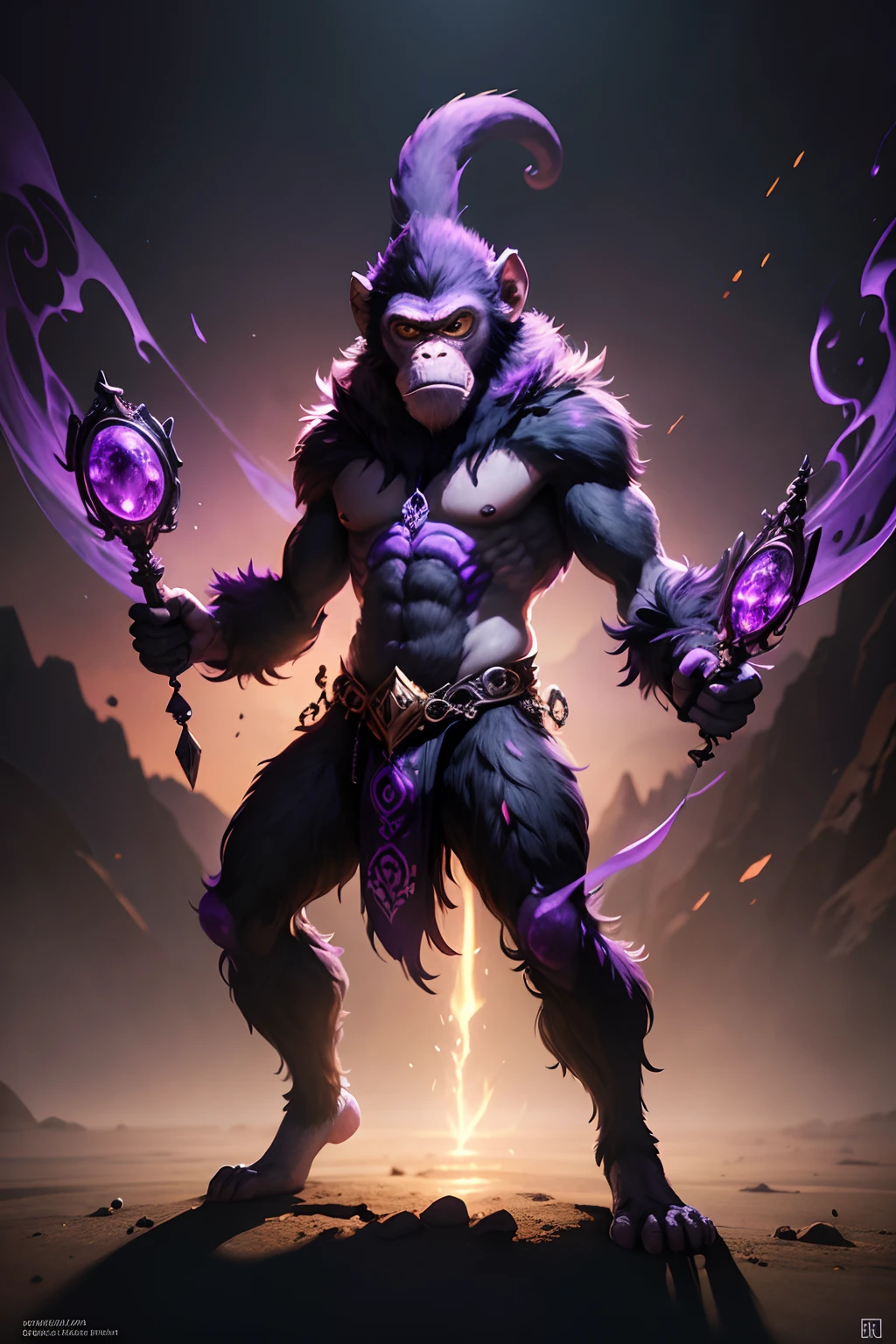 monkey mask creature, druid style, purple and black colors, casting spell pose, full body, Animal Anthropomorphism, realistic digital, humanoid, abstract background, global illumination, intricate, epic, dramatic, masterpiece, high detail, best quality, ultra high res