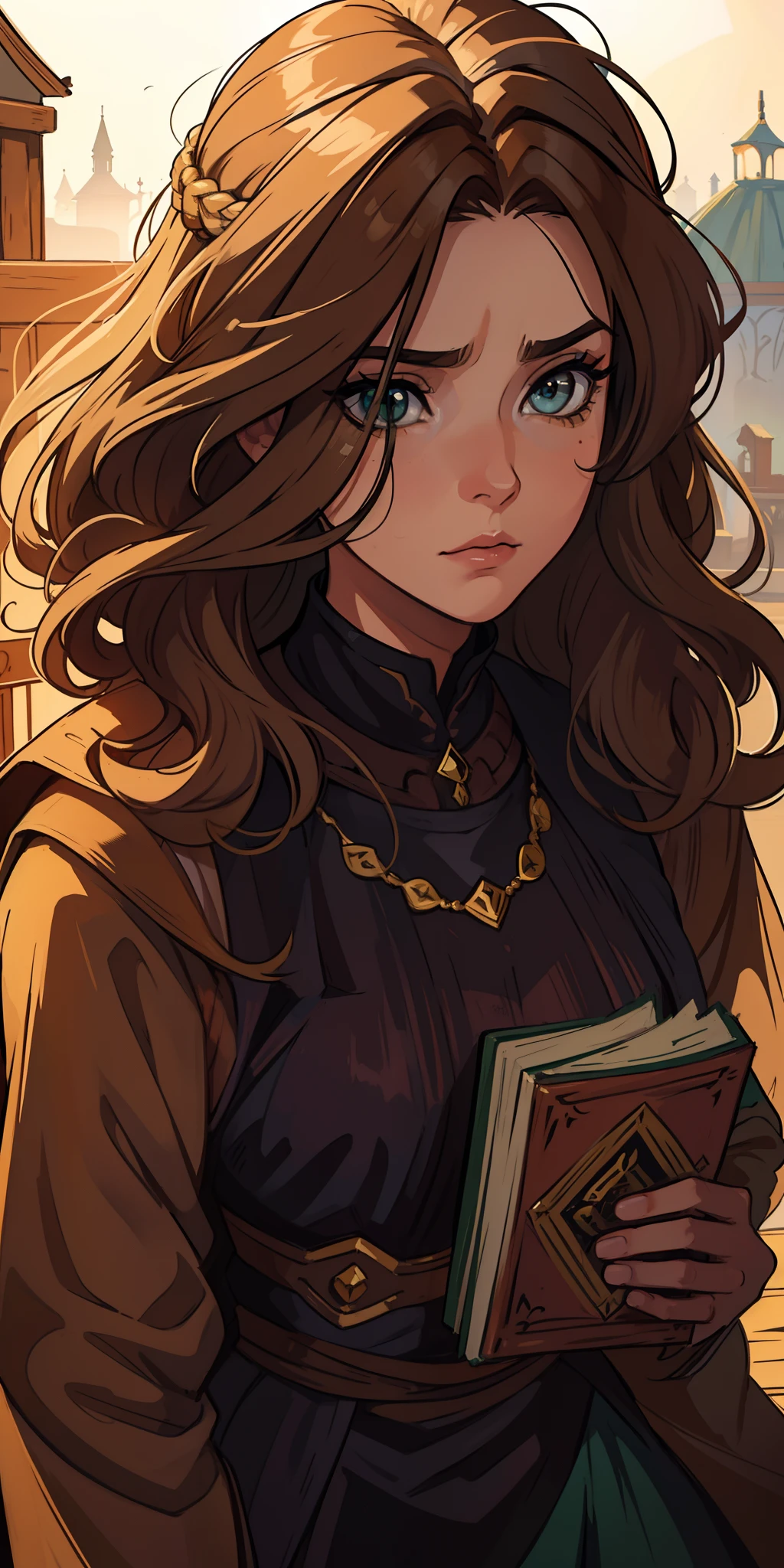 Uma bela mulher de olhos verdes e cabelos castanhos longo ondulado (brown hair) (Detailed strokes) Princess eyes Sexy curvy eyelashes A wooden wall background with bookcases Expressive drama with a sad look of concern An art for an RPG A medieval art for an RPG ((cabelo comprido) ((cabelo longo))