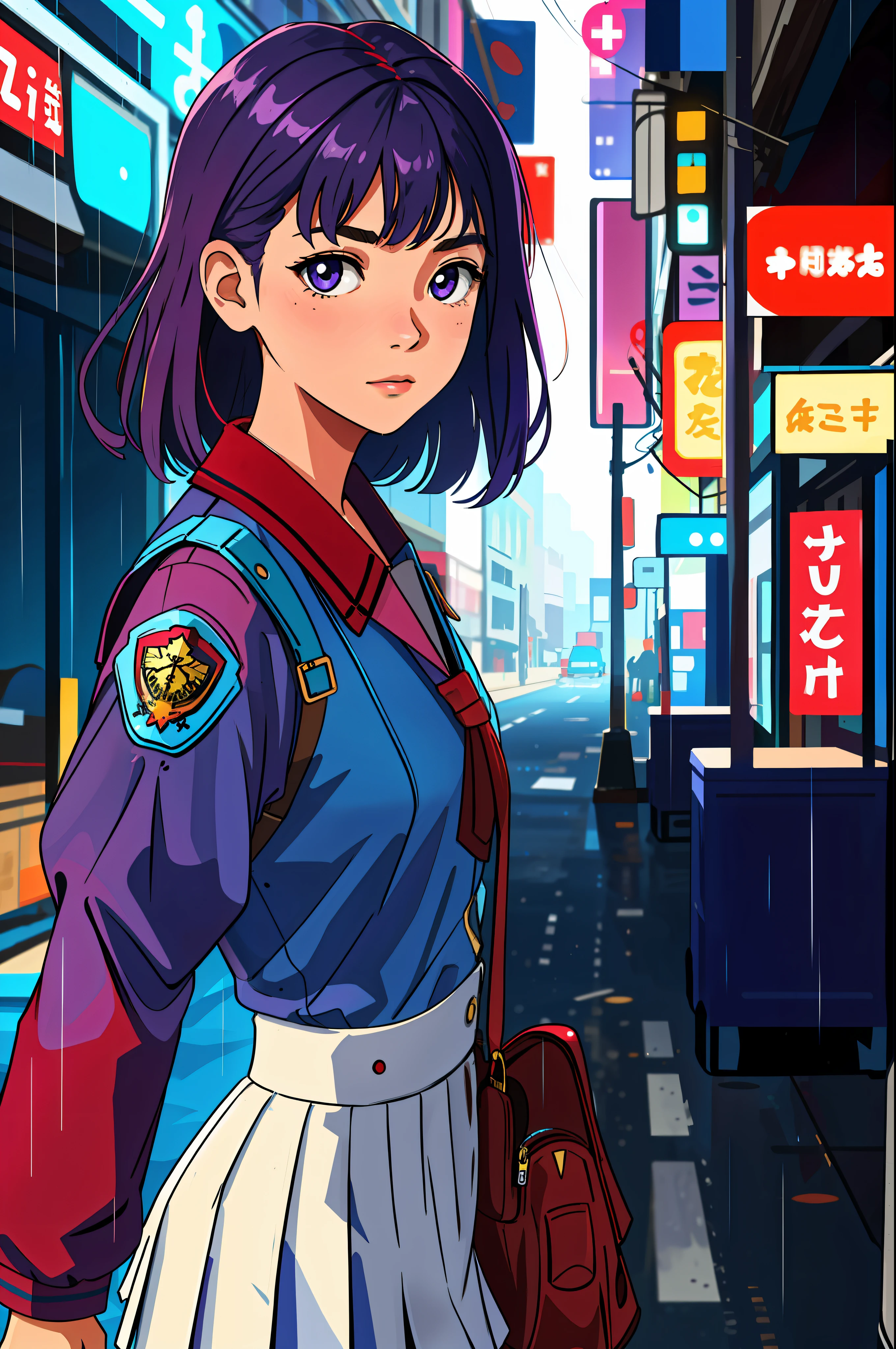 masterpiece, highest quality, realistic, subsurface scattering, chromatic lighting,
colorized, red + white + purple + blue limited color palette, detailed concept drawing, line-art, illustration,
fashion,
close-up of 18yo 1girl,small breasts,
shy,
bangs hair,
urban outfit,
sleeves,
pleated,
metallic,
city,
school, people,
rain
blurred background
