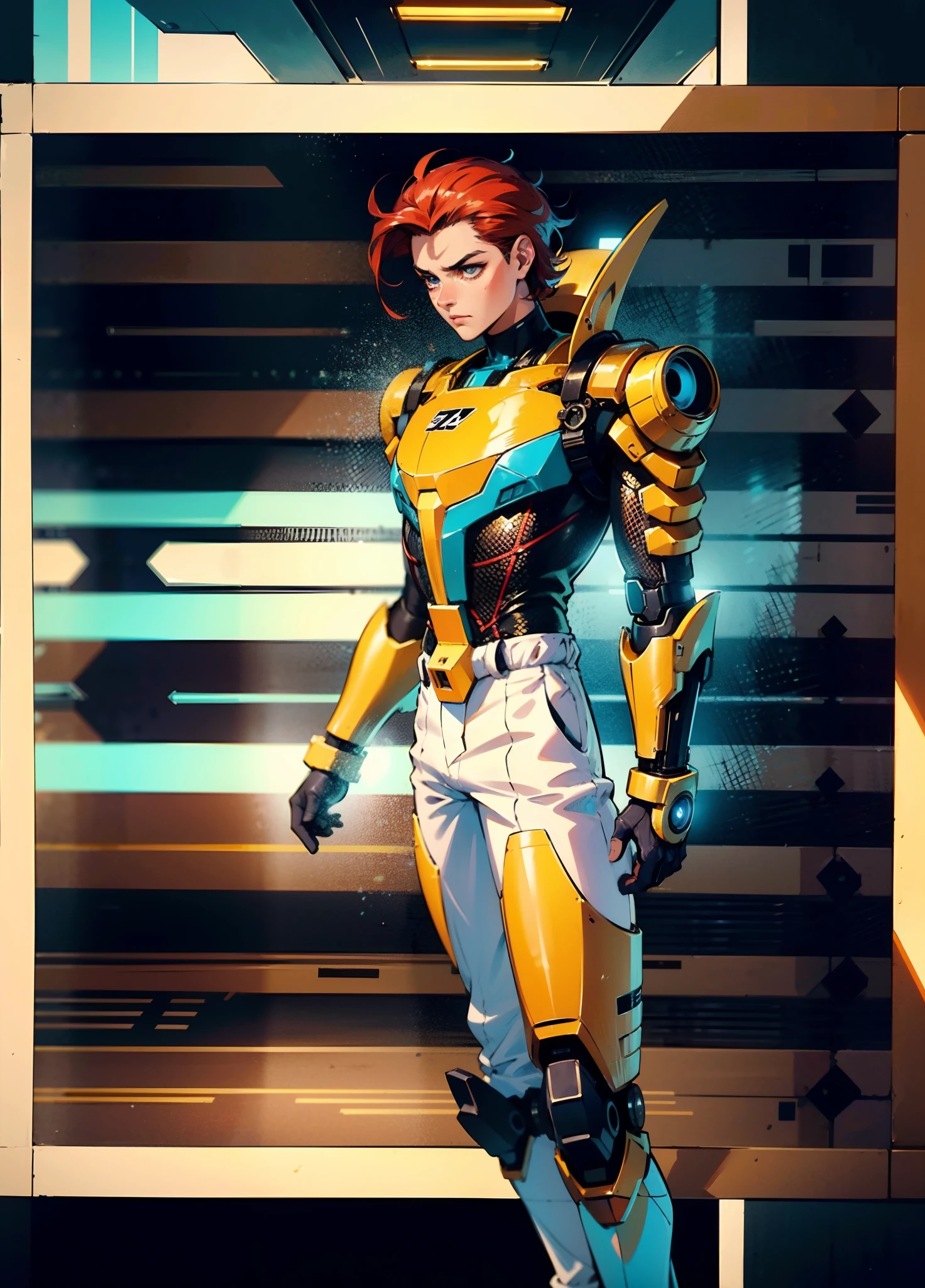 A man with short red-gold hair, hair slicked back, thick and disheveled hair, a cold and ruthless gaze, a confident expression, wears a two-piece futuristic military-style uniform, primarily in shades of white and red, accented by touches of yellow, streamlined wristguard gloves, matching trousers, he stands in a futuristic sci-fi-style hangar housing a colossal mech, stands within a futuristic sci-fi hangar, where a colossal mech is stationed, this character embodies a finely crafted futuristic military officer in anime style, characterized by an exquisite and mature manga illustration art style, high definition, best quality, highres, ultra-detailed, ultra-fine painting, extremely delicate, professional, anatomically correct, symmetrical face, extremely detailed eyes and face, high quality eyes, creativity, RAW photo, UHD, 8k, Natural light, cinematic lighting, masterpiece:1.5