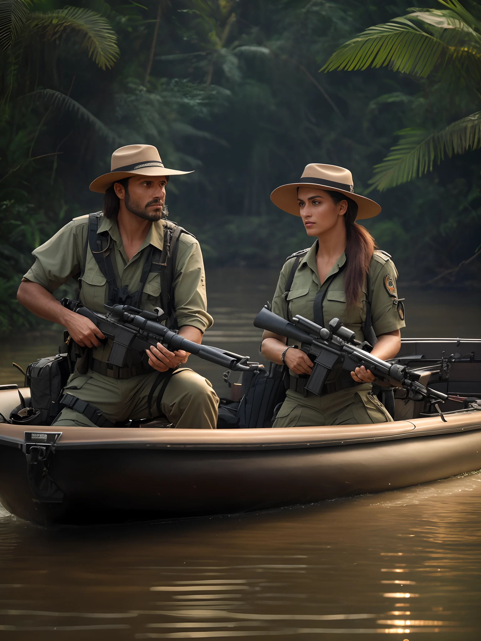 Photograph male and female of a boat with guns and hats, lindo guarda homem e linda guarda mulher, selva, em um ambiente de selva, aventura hiper realista, em um rio na selva, casal realistas, Retrato de uma guarda florestal feminina, imagem realista verdadeira, Selvas ao fundo, promotional render, em uma selva altamente detalhada, foto de retrato, fotografia, lighting dramatic, alta riqueza de detalhes, 8k, alta resolução, foto, em uma selva