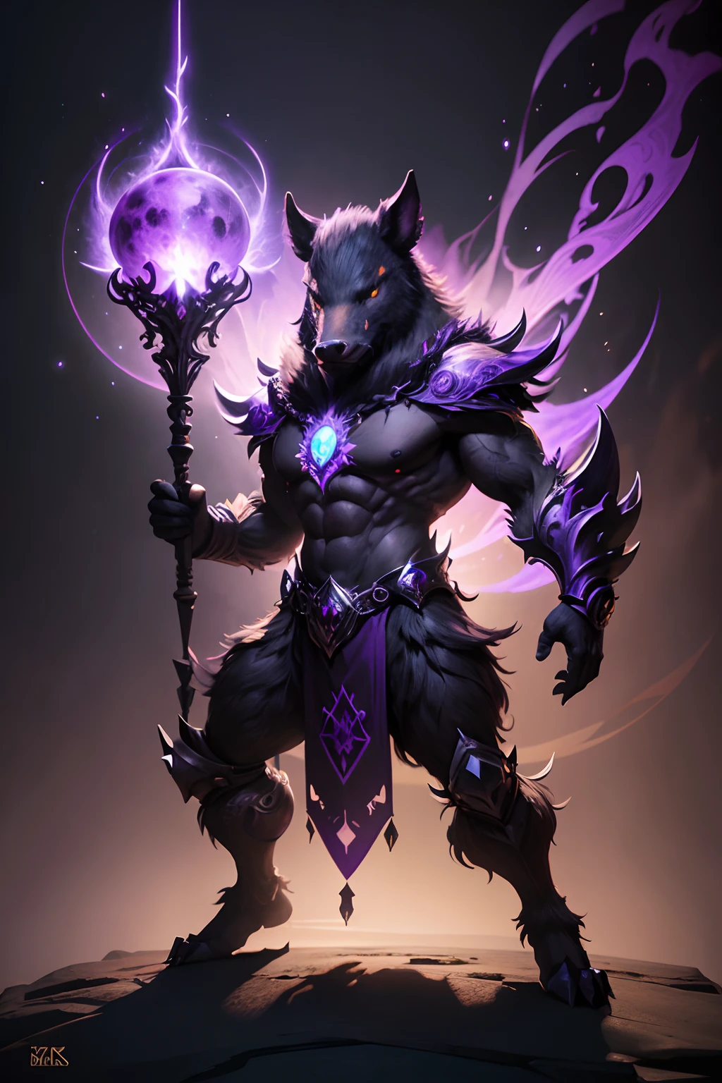 wild boar mask creature, druid style, purple and black colors, casting spell pose, full body, Animal Anthropomorphism, realistic digital, humanoid, abstract background, global illumination, intricate, epic, dramatic, masterpiece, high detail, best quality, ultra high res