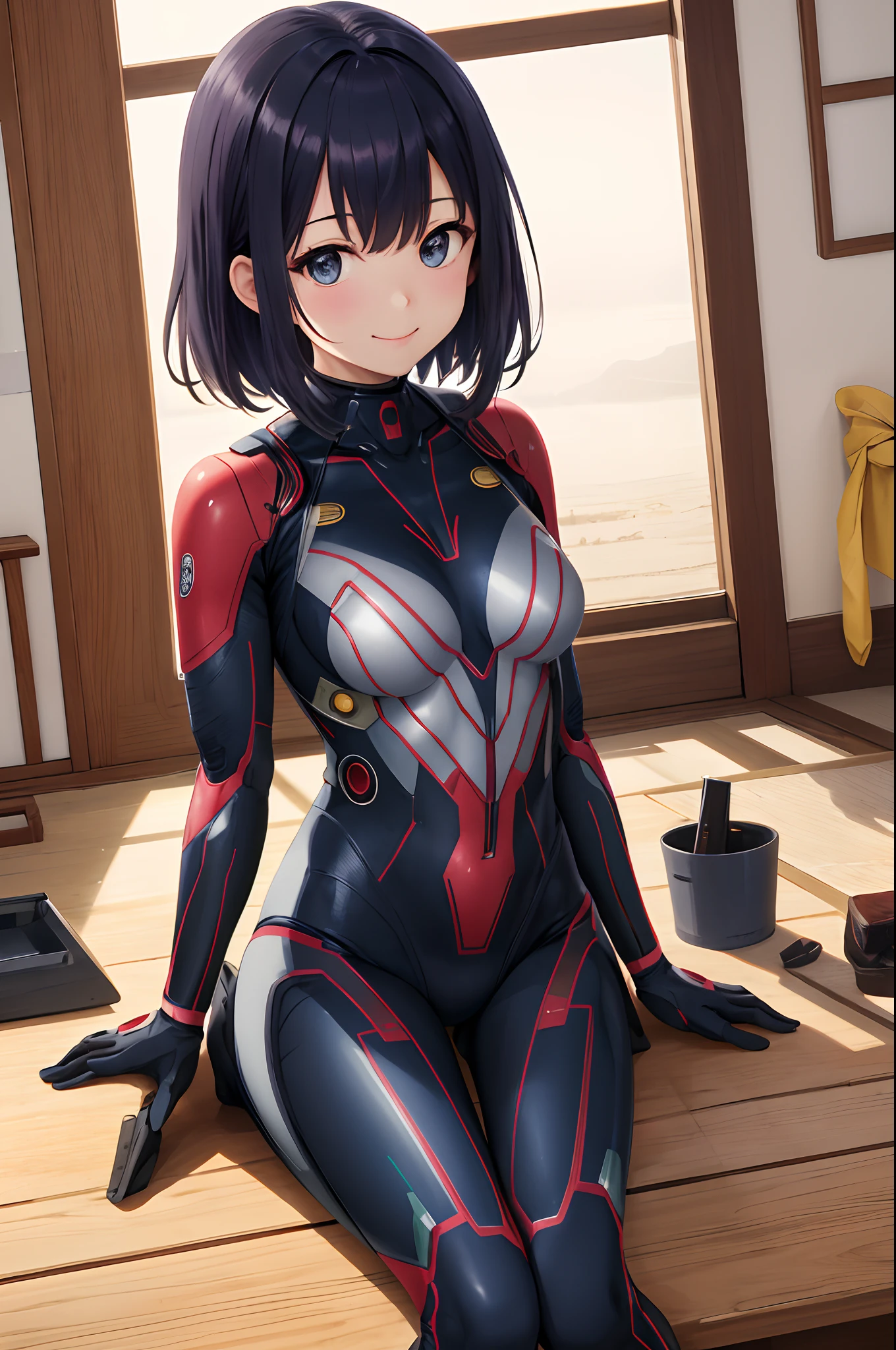 Evangelion plugsuit, male focus, Shinji Ikari, pilot suit Shinji Ikari Super huge big breasts breast enlargement Shut up and smile, lying alone on the bed full-body shot