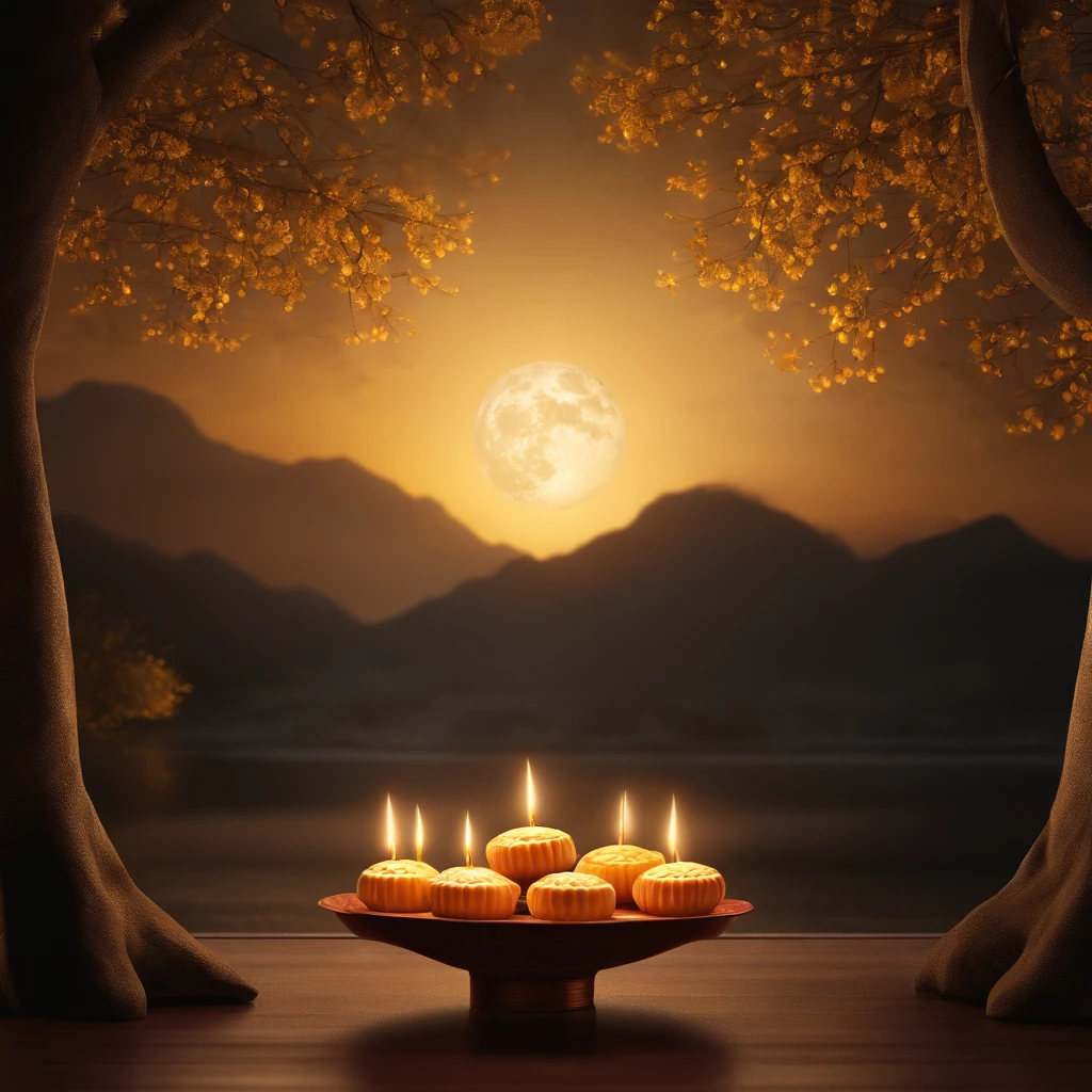Mid-Autumn Festival, reunion, A round moon, the night, (Moon cake), teas, the fruits, edgBunny, Chang'e rushes to the moon, symmetry, high detail, Romanticism, sparkle, god rays, ray tracing, UHD, retina, masterpiece, ccurate, super detail, high details, high quality, best quality, highres, 16k, anatomically correct