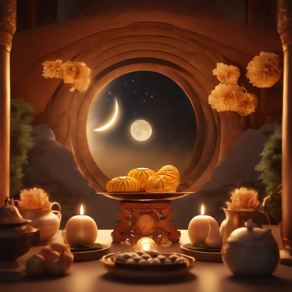 Mid-Autumn Festival, reunion, A round moon, the night, （Moon cake）, teas, the fruits, edgBunny, Chang'e rushes to the moon, symmetry, high detail, Romanticism, sparkle, god rays, ray tracing, UHD, retina, masterpiece, ccurate, super detail, high details, high quality, best quality, highres, 16k, anatomically correct