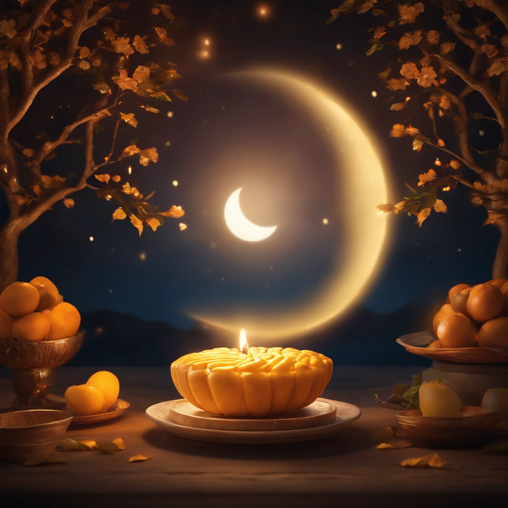 Mid-Autumn Festival, reunion, A round moon, the night, (Moon cake), teas, the fruits, edgBunny, Chang'e rushes to the moon, symmetry, high detail, Romanticism, sparkle, god rays, ray tracing, UHD, retina, masterpiece, ccurate, super detail, high details, high quality, best quality, highres, 16k, anatomically correct