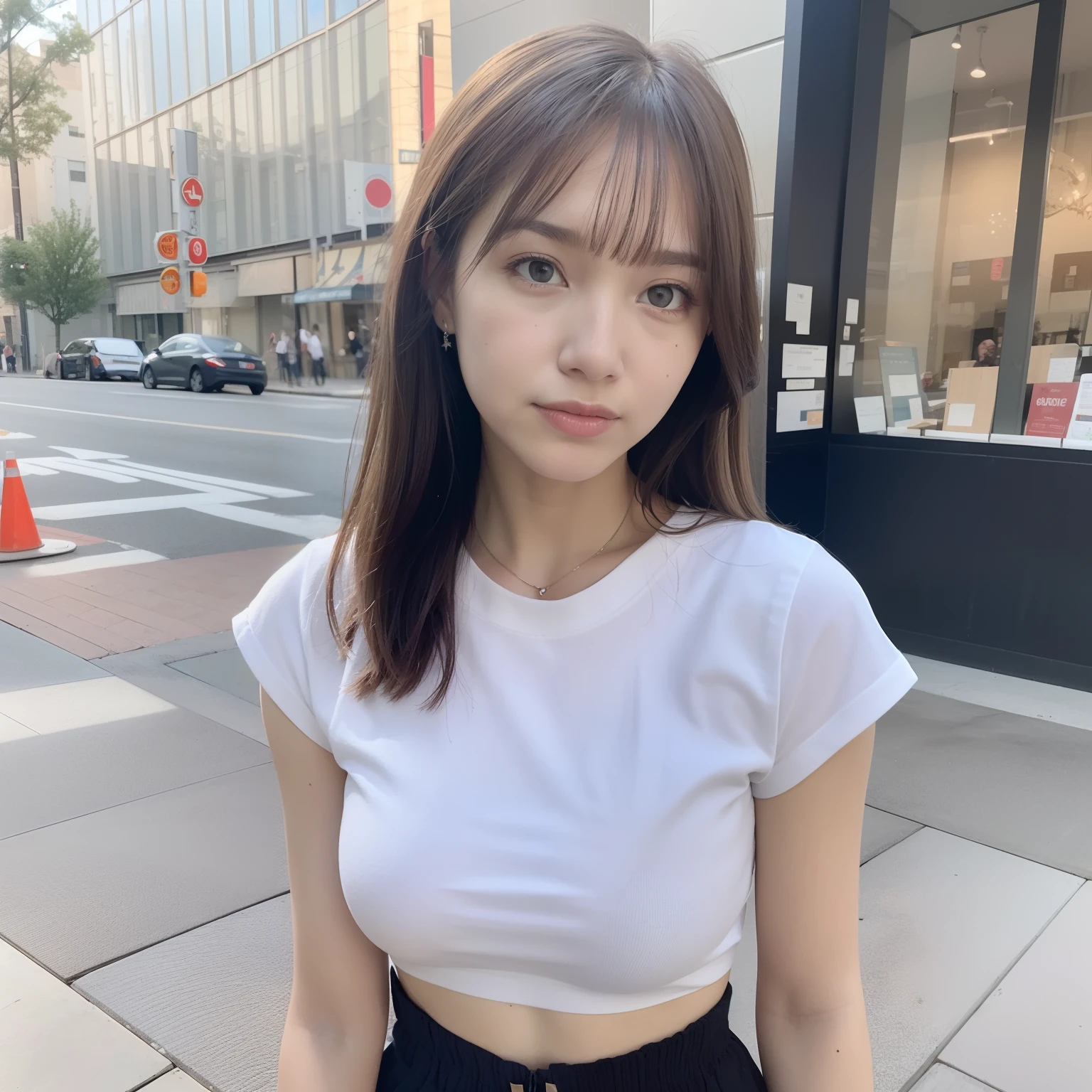 8K, masterpiece, best quality, photorealistic, ultra-detailed, 1 girl, athletic body, realistic skin texture, medium breasts, gaze at viewer, cropped shirt, skinny T-shirt, tank top, underboobs, under boobs, micro mini skirt, hot pants, shorts, movie lighting, face focus, fine eyes, detailed face, well lit face, day light, outdoor cafe in background, low angle shot, view from below