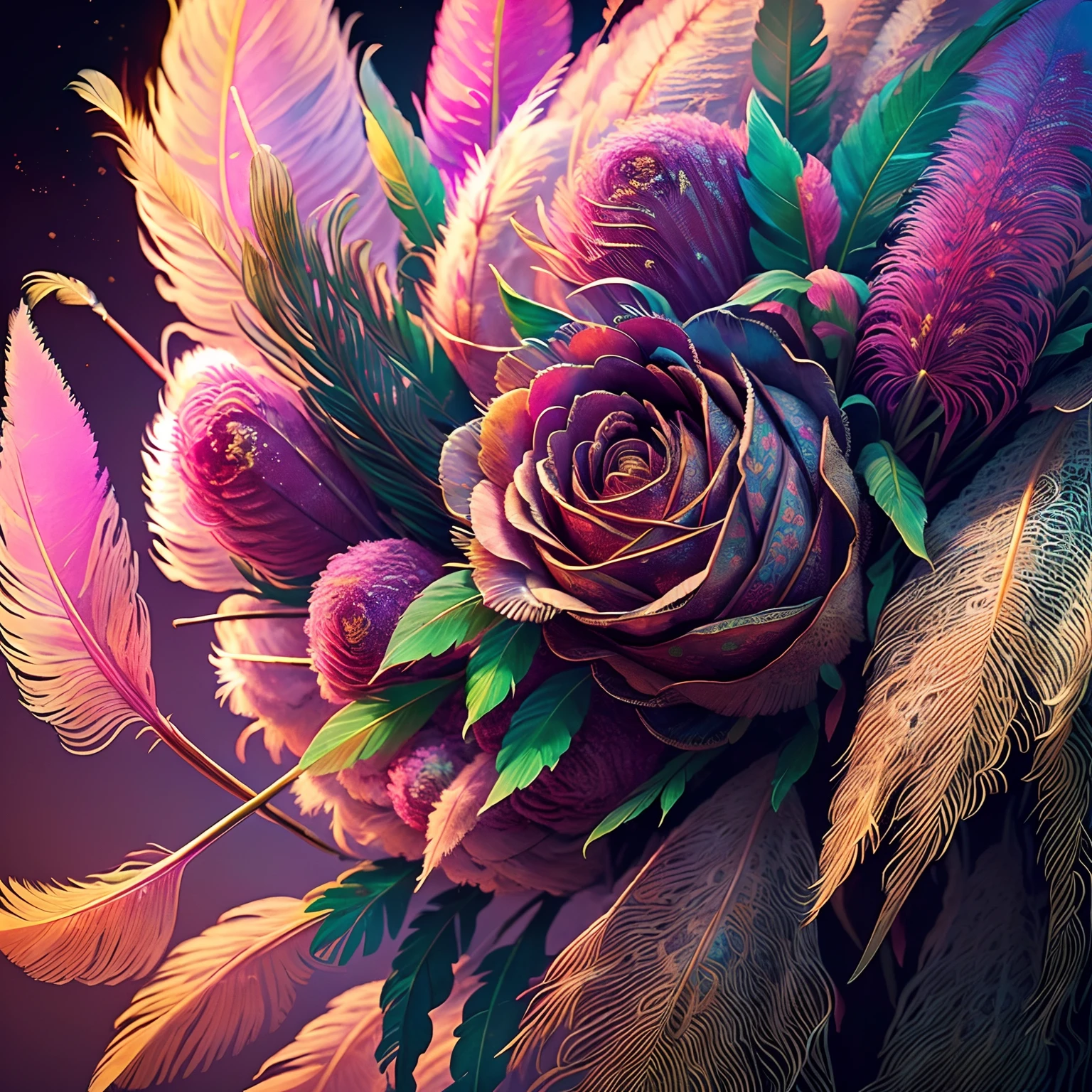 Riff Style 2 (masutepiece, top-quality, Best Quality, Official art, Plants and bird feathers, Beautiful and aesthetic:1.2), (roses,Pampas grass:1.3), Extremely detailed,(Fractal Art:1.1),(Colorful:1.1)(Flowers:1.3),highest details,(Zentangle:1.2), (Dynamic Pose), (Abstract background:1.3), (Many colors:1.4),  (Feathers:1.5)