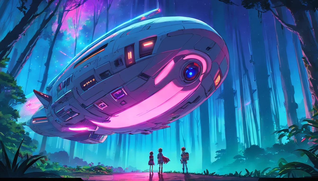 “((Best quality)), ((masterpiece)), ((dreamy)), ((synthwave punk)),"Imagine a dreamy fantastical dreamscape of detailed "spaceship sci fi anime" in forest, background are flying aliens monsters from movie "alien"