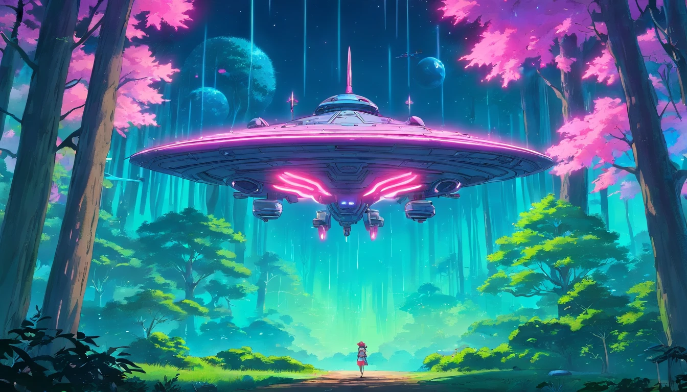 “((Best quality)), ((masterpiece)), ((dreamy)), ((synthwave punk)),"Imagine a dreamy fantastical dreamscape of detailed "spaceship sci fi anime" in forest, background are flying aliens monsters from movie "alien"