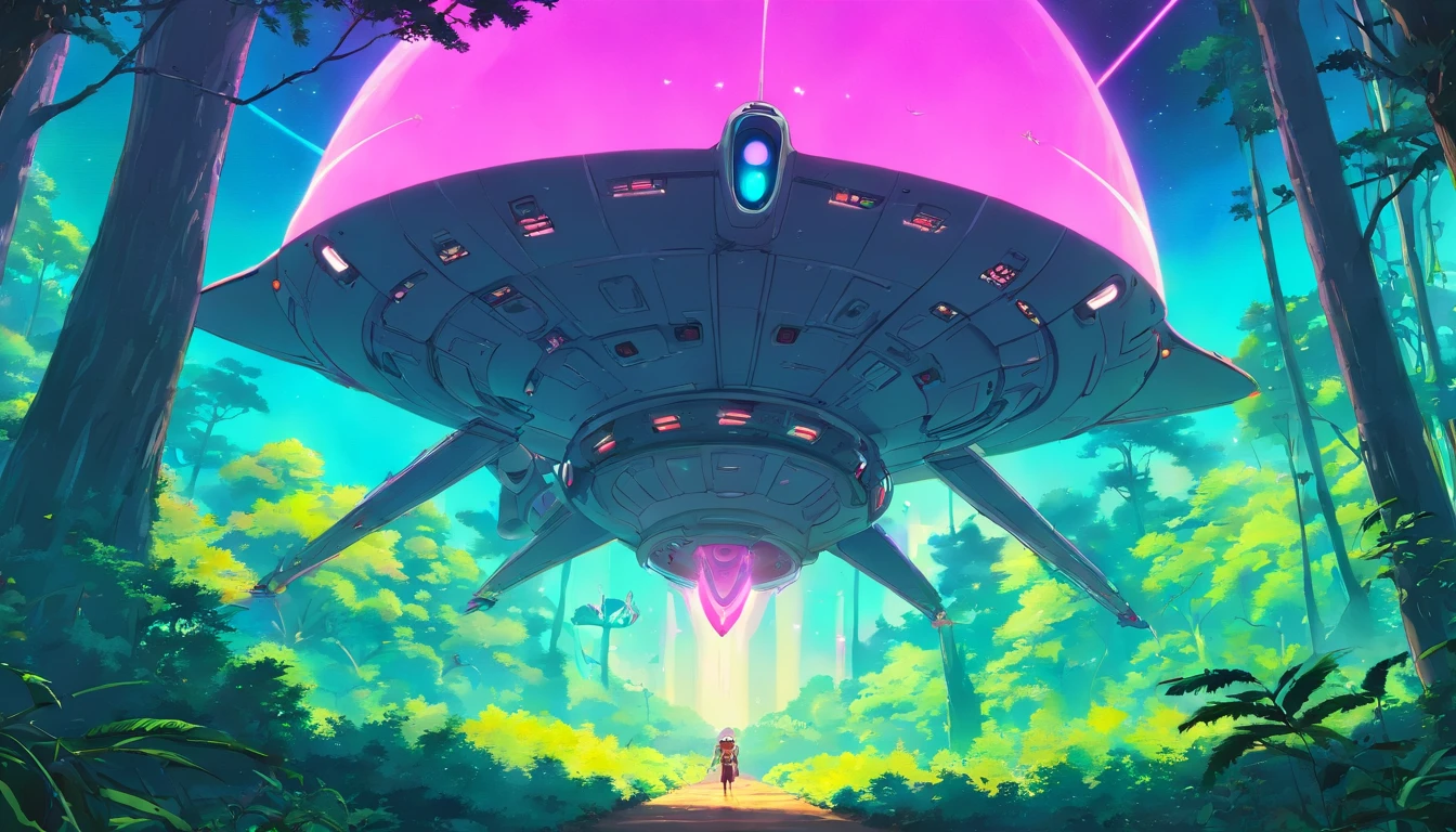 “((Best quality)), ((masterpiece)), ((dreamy)), ((synthwave punk)),"Imagine a dreamy fantastical dreamscape of detailed "spaceship sci fi anime" in forest, background are flying aliens monsters from movie "alien"