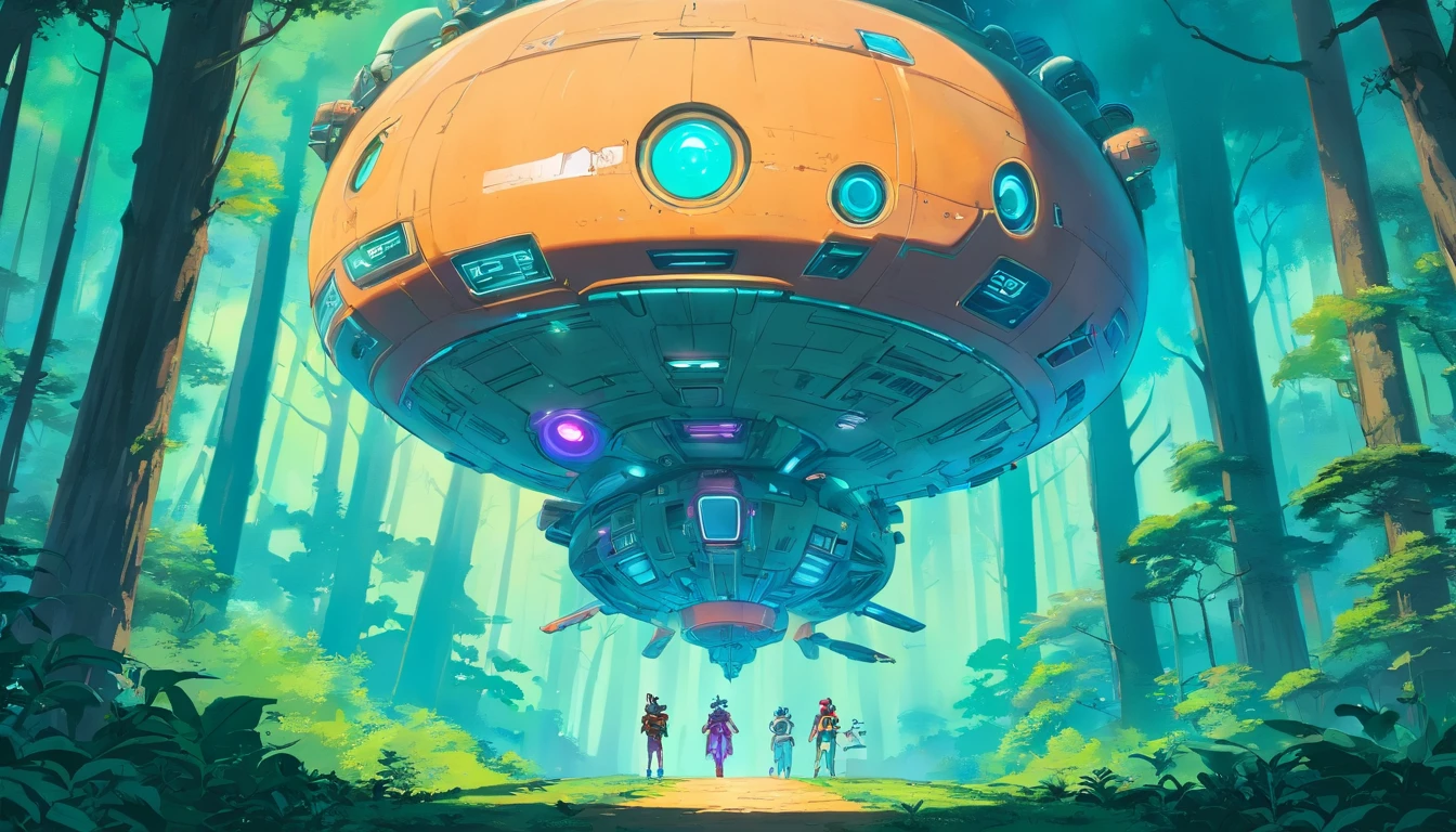 “((Best quality)), ((masterpiece)), ((dreamy)), ((synthwave punk)),"Imagine a dreamy fantastical dreamscape of detailed "spaceship sci fi anime" in forest, background are flying aliens monsters from movie "alien"
