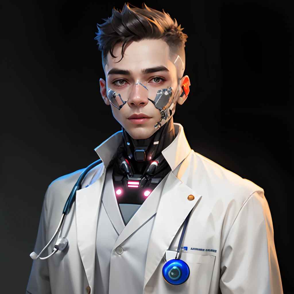 Half human half robot male doctor, half face Ai,representing Artificial intelligence, full body realistic in white doctor gown professional