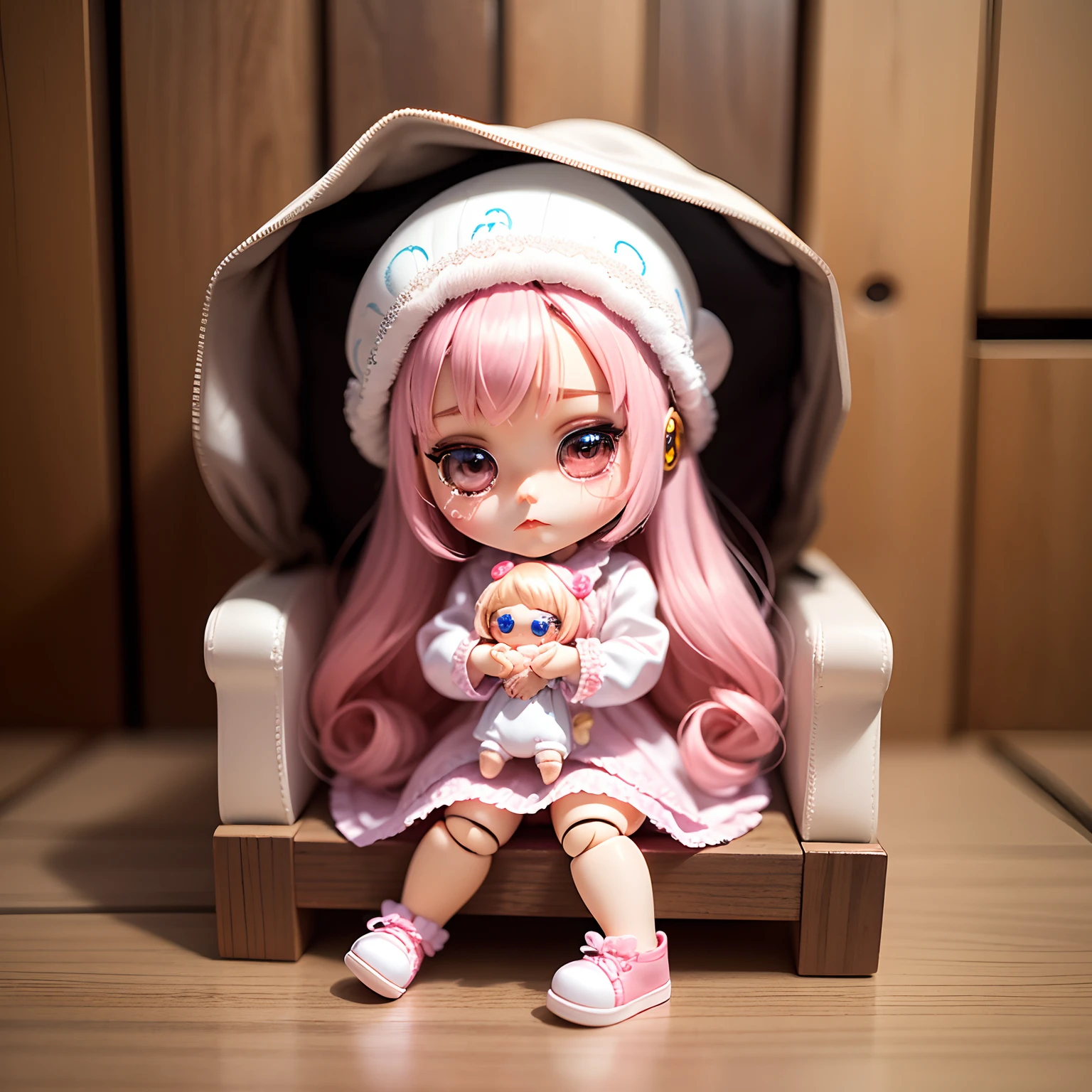 masterpiece、top-quality、ultra-detailliert、(Chibi Blythe Doll:1.3)、White and pink wraith、White bonnet、Crying face、white shoe、