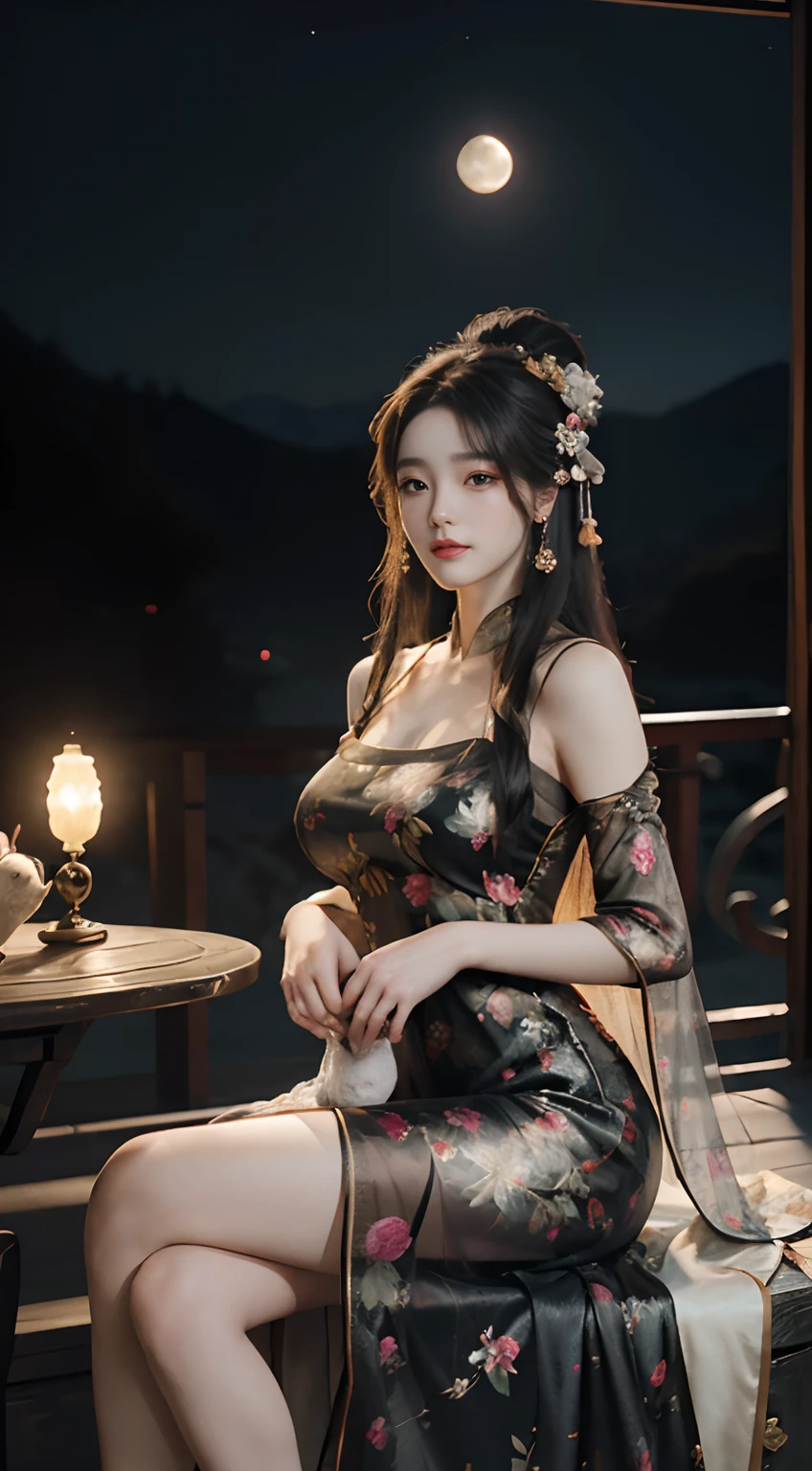 Chang'e，(((Hanfu)))，(((period costume)))，Tang and Song court costumes，(((Huge Moon)))，sitted，Hold one(((Big rabbit)))，Skysky，Sit Pose，Top CG，Highest image quality，tmasterpiece，Delicate and delicate beautiful girl，(Tall and tall)，Royal Sister，Queen temperament，with fair skin，(((long leges)))，Perfect facial features，Bright eyes，Enchanting pose，Red lips，Beautiful and cold， (((Big breasts))),Beautiful and handsome，Long black silky hair，glittery，Skin is visible through see-through，(((Floral dress)))，8K quality，(Realistic portraits)，Characters fill the frame，((Face lighting)),