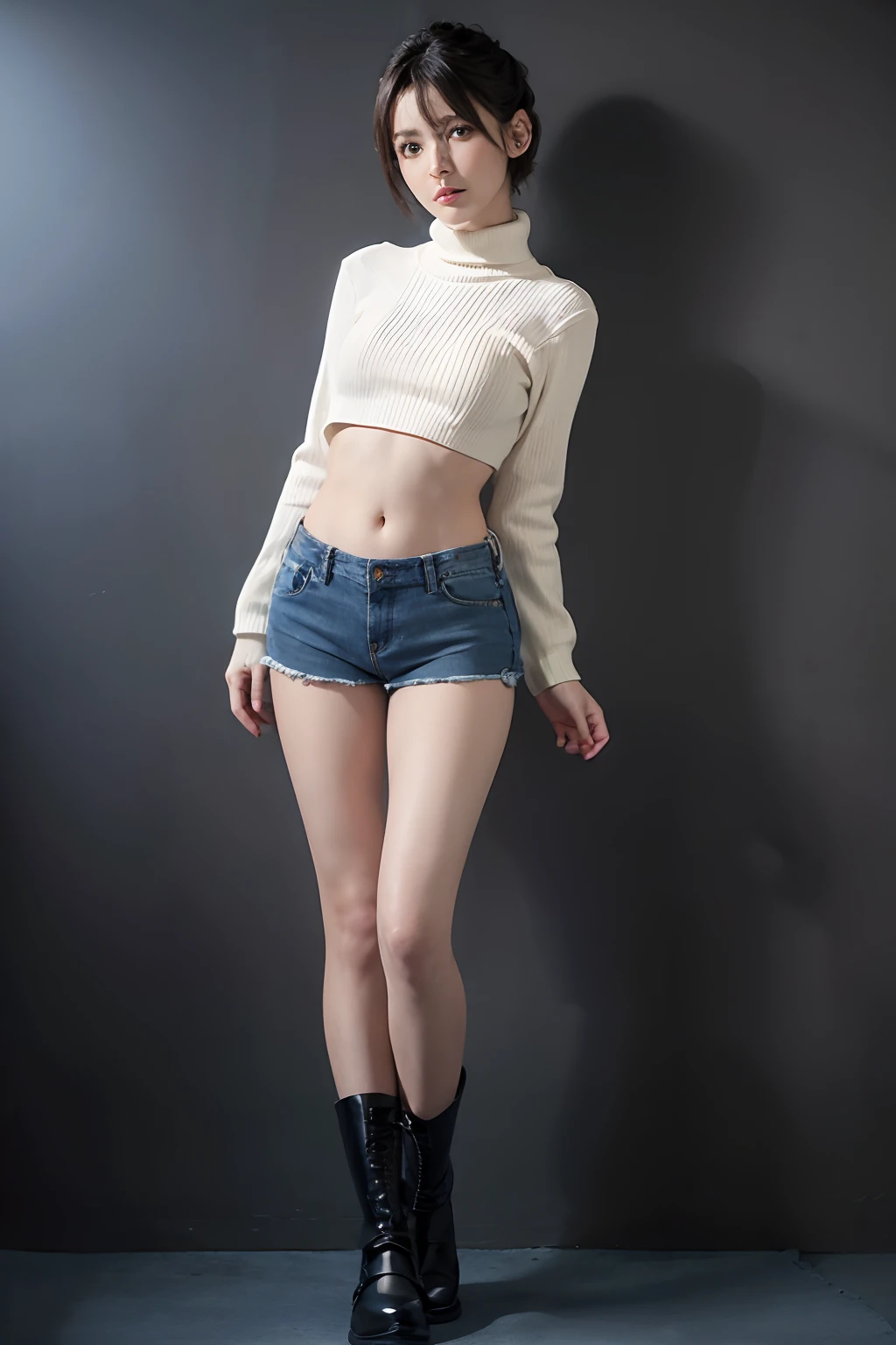 (masuter piece:1.3)、(8K、Photorealsitic、Raw photography、top-quality: 1.4)、(1girl in)、beautiful countenance、(Lifelike face)、(A dark-haired、short-hair)、
Beautiful hairstyle、realisticeyes、Beautiful details、(real looking skin)、Beautiful skins、absurderes、enticing、超A high resolution、A hyper-realistic、high-detail、the golden ratio、
((wide open abdomen))、((open abdomen))、((wide open navel))、((open navel))、((Mid-Riff Sweater))、((Ultra-low rise、Denim shorts))、
((Navel Ejection))、((small hips))、((long limbs))、((Full body depiction))、((small hip))、(boots)、((Ultra-low rise))、((Denim shorts))、((is standing))、