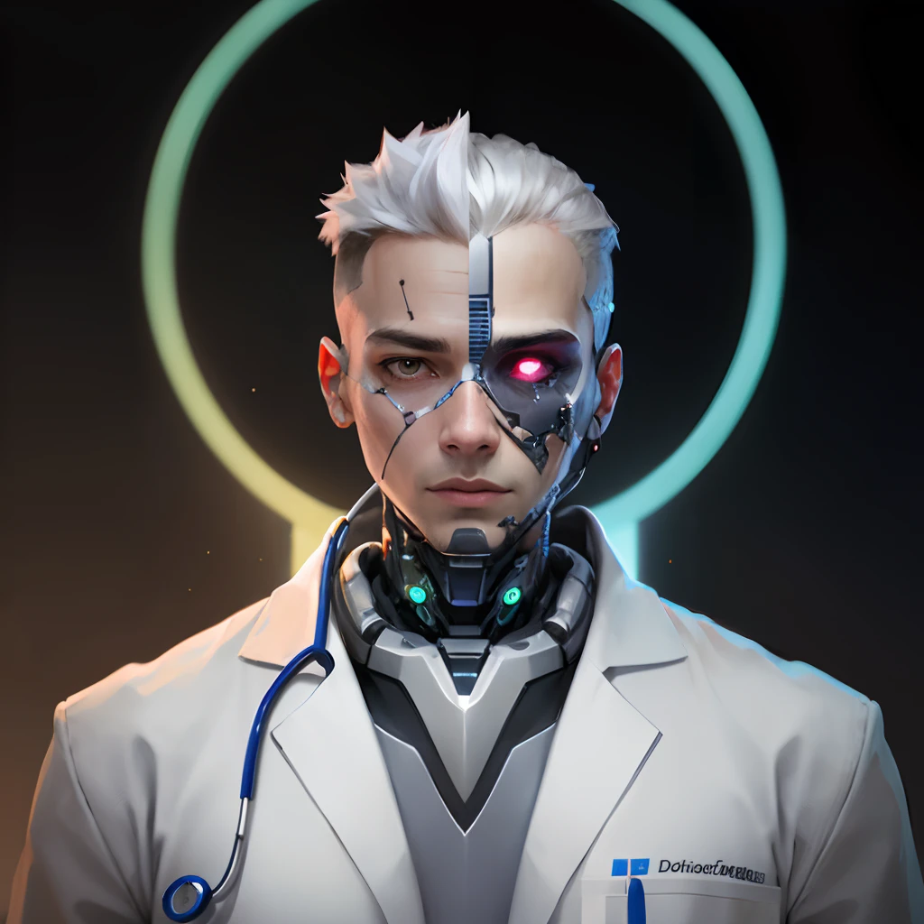 Half human half robot male doctor, half face Ai,representing Artificial intelligence, full body realistic in white doctor gown professional