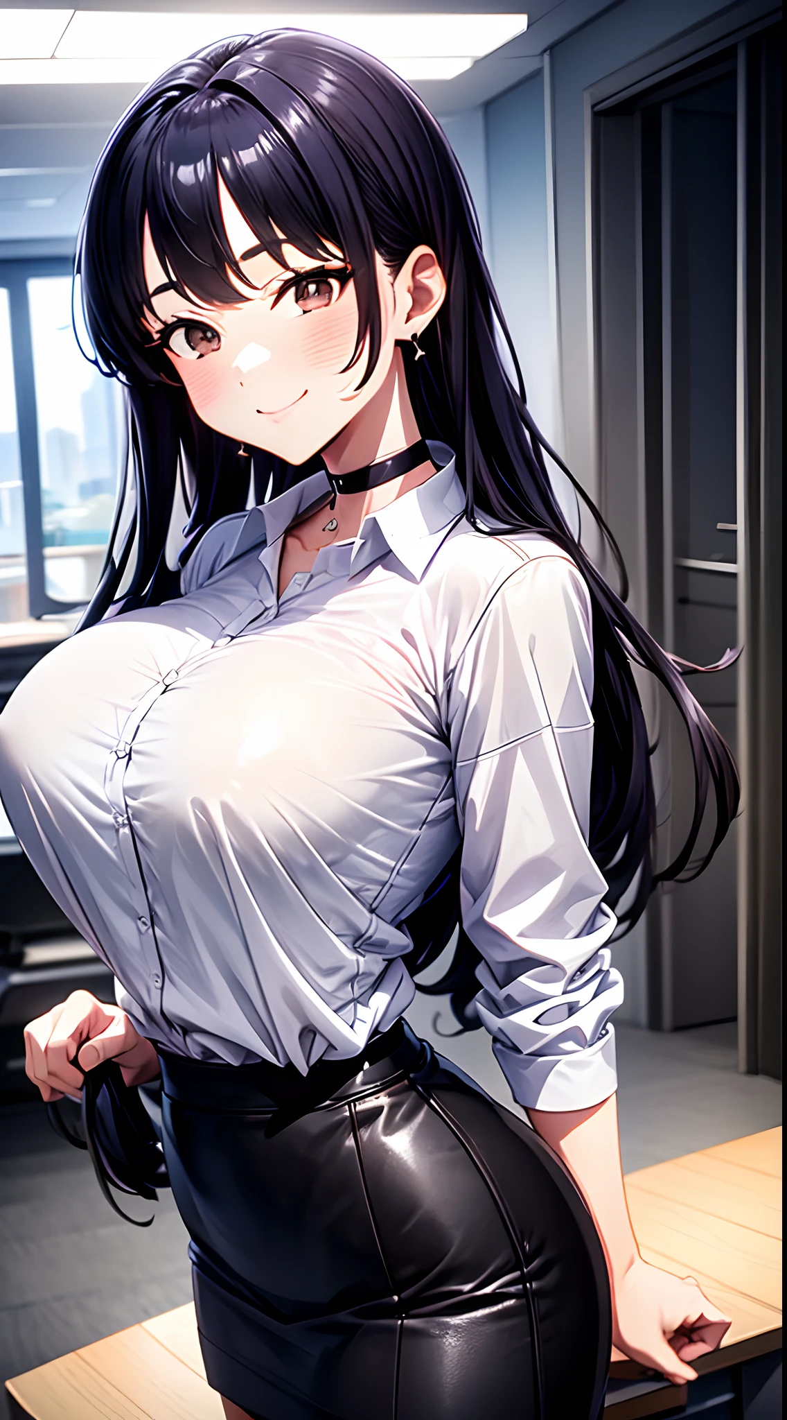 8k, highres, ultra detailed, (masterpiece:1.4), best quality, symmetrical body, (white shirt:1.4), (black pencil leather skirt:1.4), choker, cute, solo, earrings, long hair, dark purple hair, Brown eyes, glow effect, finely eye, grinning, wide smile, detailed face, looking at viewer, smilling at viewer, office, standing, angled view, big breasts, teasing, seductive look