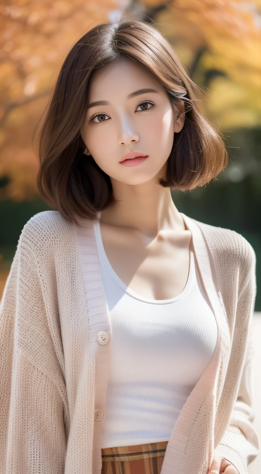 (photographed:1.2)、(Photorealsitic:1.4)、(masterpiece:1.3)、(top-quality:1.4)、超A high resolution、(A detailed eye)、(detailed facial features)、(detailed clothes features)、8K分辨率、solofocus、bangss、Double eyelids、Beautiful lips、toned legs、(Slender girl)、(a japanese girl)、(Japan Faces)、1 girl in、Slim Beauty:1.3、brown haired、Delicate hair、The background is a row of ginkgo trees、(((Autumn clothes)))、((White T-shirt))、(((Pink long-sleeved cardigan)))、(long skirt)、In the street、(Beautiful breasts:1.2)、Realistic body、de pele branca、Slim body、(short-hair:1.2)、(bangss: 1.2)、Bruises and ugly face、kawaii faces、Lifelike face、Delicate body、((sexy pose))、stunning lighting