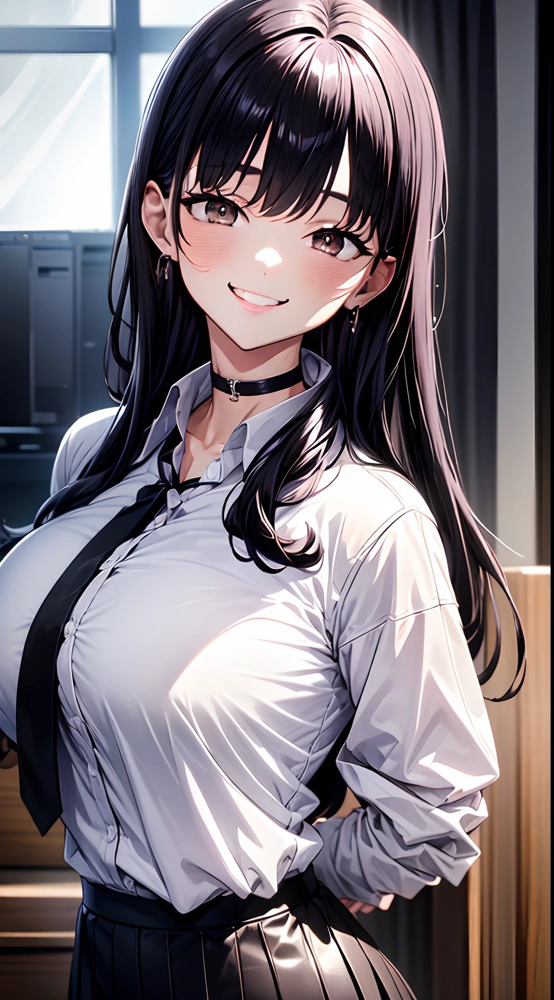 8k, highres, ultra detailed, (masterpiece:1.4), best quality, symmetrical body, (white shirt:1.4), (black pencil leather skirt:1.4), choker, cute, solo, earrings, long hair, dark purple hair, Brown eyes, glow effect, finely eye, grinning, wide smile, detailed face, looking at viewer, smilling at viewer, office, standing, angled view, big breasts, teasing, seductive look