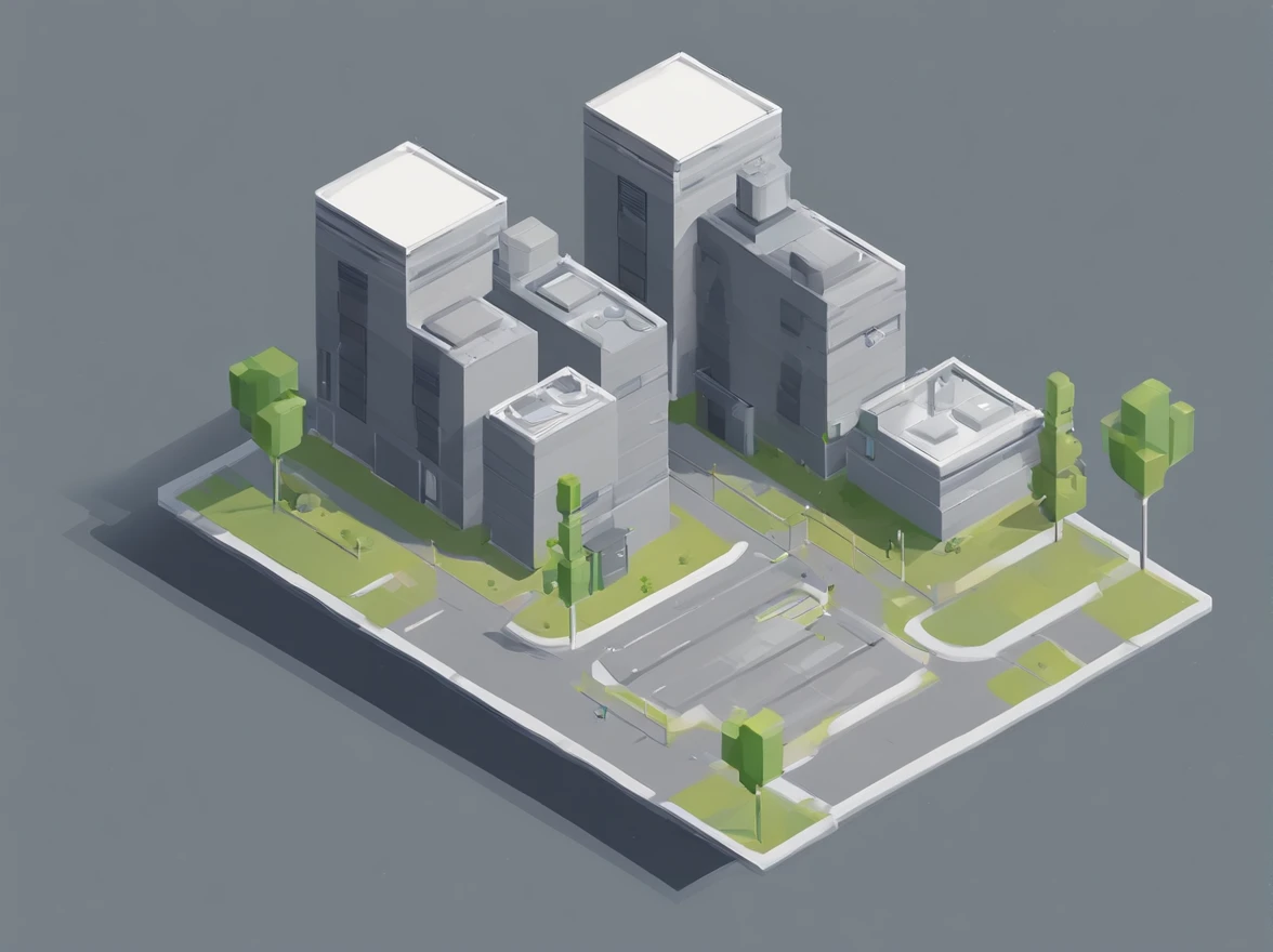 indie game art, minimalist, isometric, dystopian, gray city, front view