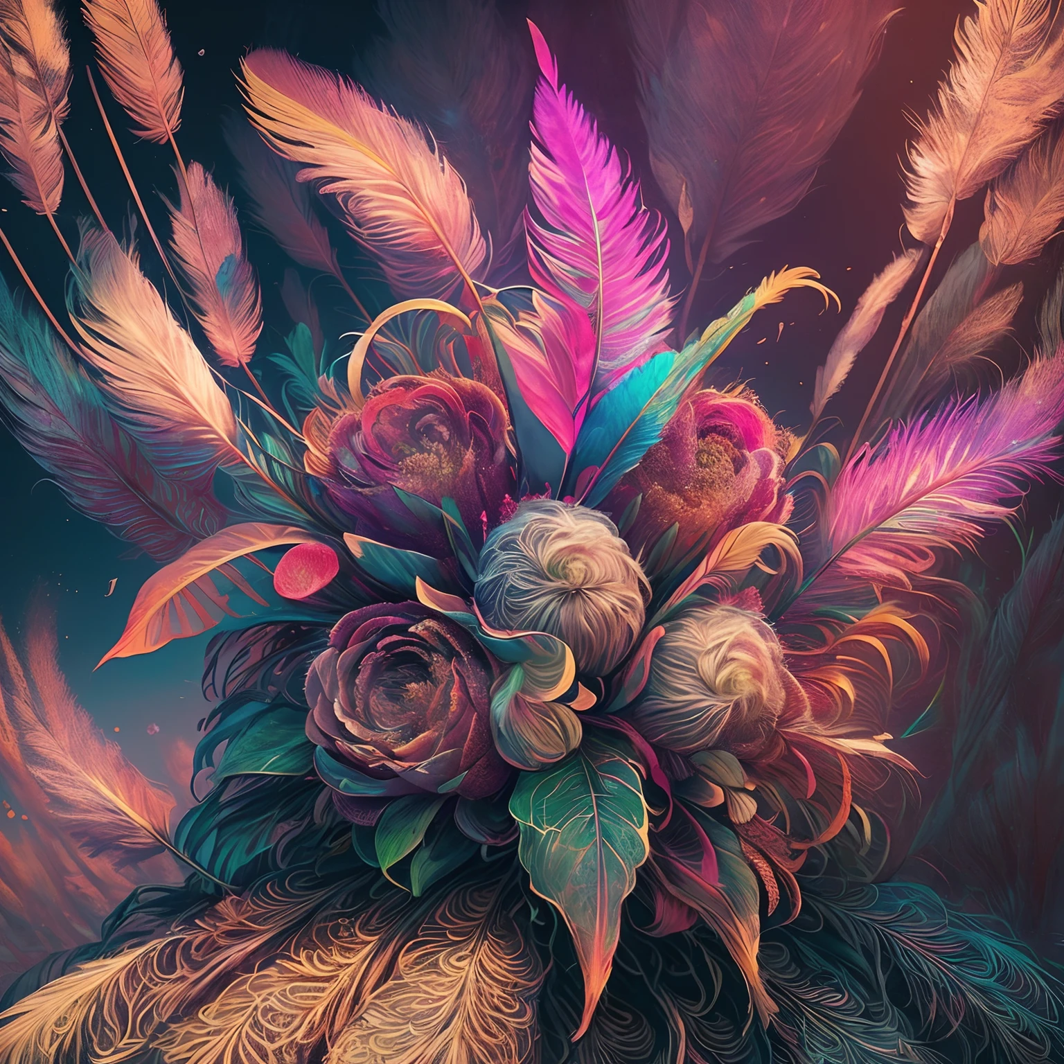 Riff Style 2 (masutepiece, top-quality, Best Quality, Official art, Plants and bird feathers, Beautiful and aesthetic:1.2), (roses,Pampas grass:1.3), Extremely detailed,(Fractal Art:1.1),(Colorful:1.1)(Flowers:1.3),highest details,(Zentangle:1.2), (Dynamic Pose), (Abstract background:1.3), (Many colors:1.4),  (Feathers:1.5)