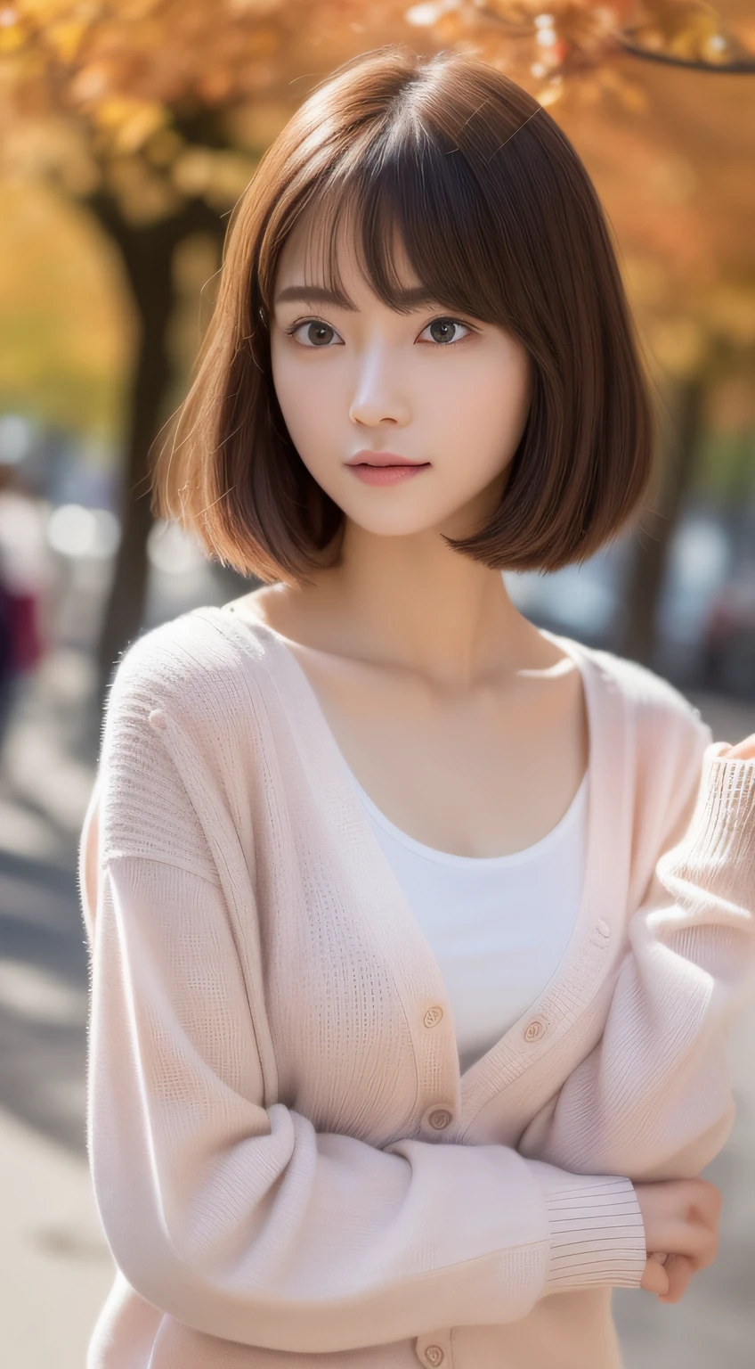 (photographed:1.2)、(Photorealsitic:1.4)、(​masterpiece:1.3)、(top-quality:1.4)、超A high resolution、(A detailed eye)、(detailed facial features)、(detailed clothes features)、8K分辨率、solofocus、bangss、Double eyelids、Beautiful lips、toned legs、(Slender girl)、(a japanese girl)、(Japan Faces)、1 girl in、Slim Beauty:1.3、brown haired、Delicate hair、The background is a row of ginkgo trees、(((Autumn clothes)))、((White T-shirt))、(((Pink long-sleeved cardigan)))、(long  skirt)、In the street、(Beautiful breasts:1.2)、Realistic body、de pele branca、Slim body、(short-hair:1.2)、(bangss: 1.2)、Bruises and ugly face、kawaii faces、Lifelike face、Delicate body、((sexy  pose))、stunning lighting