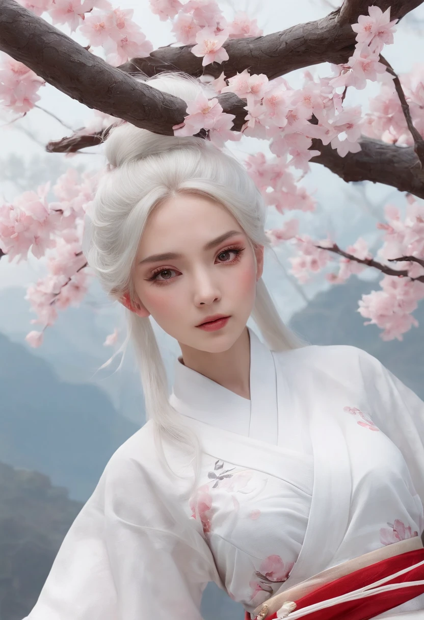 Cirilla Fiona Elen Riannon，动态照明，art  stations，poster for，voluminous lighting，Very detailed faces，4k wallpaper，He has a gentle and beautiful face，Long flowing hair，pony tails，Fringed Hair Ornament，Dynamic perspective，White Hanfu，White gauze flying，Red belt，Sexy，The tradition of Chinese ink painting，surrounded by cloud，cherry blossom，fog atmosphere，Ride the white dragon，White dragon horn，dynamic viewing angle，电影灯光