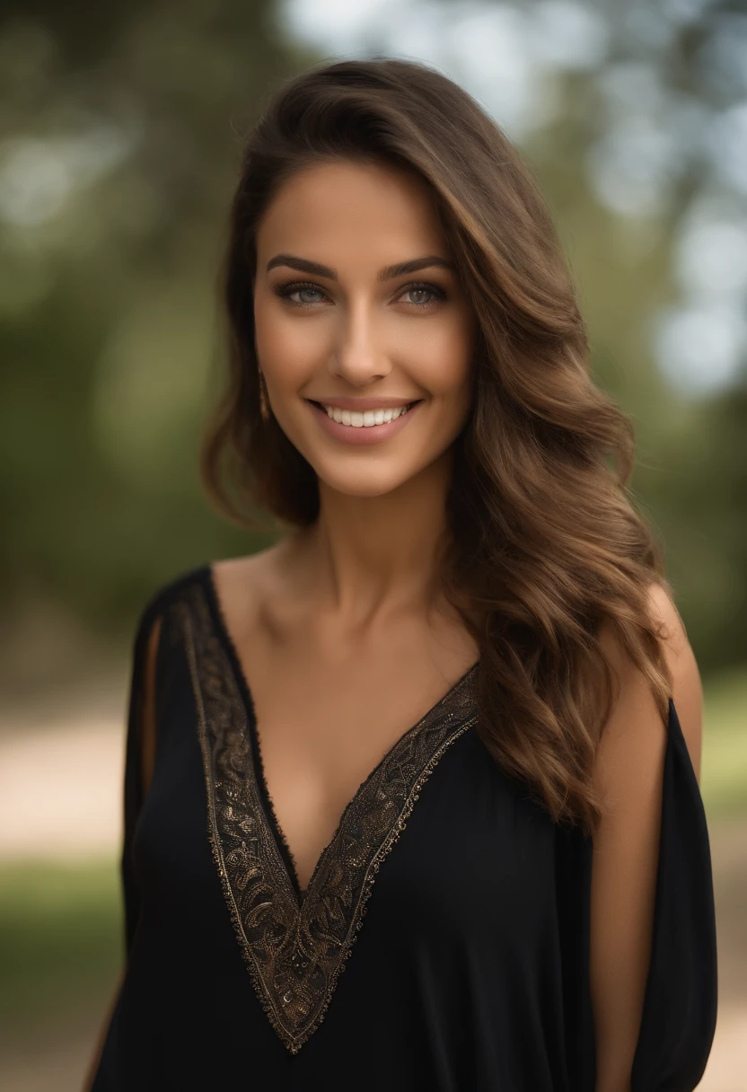 (Best quality), (Masterpiece), (High resolution), (Intricate details:0.2),(professional lighting), room, detailed background, Oversized black T-shirt, off-the-shoulder, (Previous view), 1fille, seulement, (beau visage:1.40),  corps mince, Peau fine, sourire, longue queue de cheval cheveux bruns, yeux bleu ciel, (Medium beasts:1.10), View the viewer,