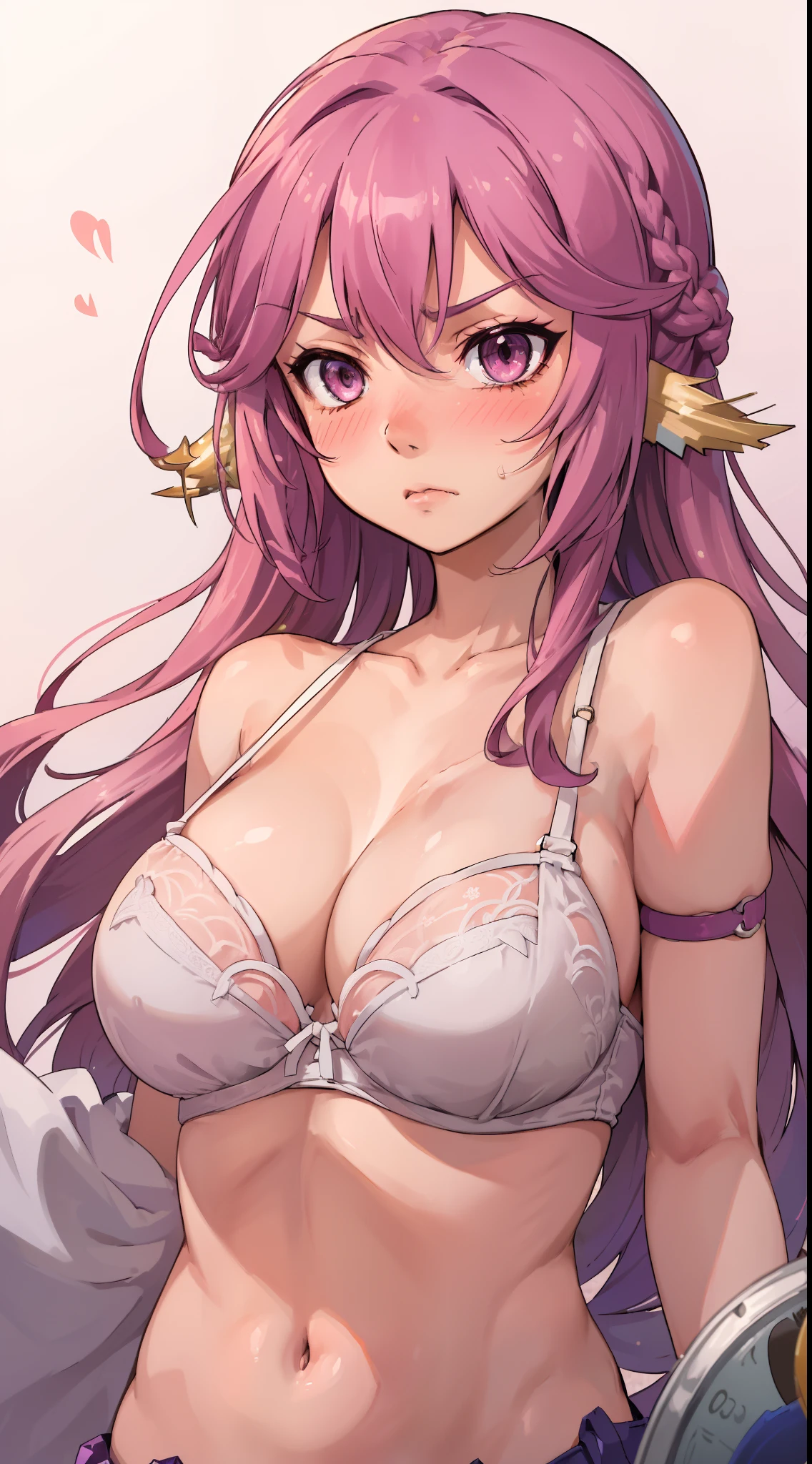 Jibril, ((upper body)), blushed, perfect anatomy, detailed eyes, detailed lips, extremely detailed eyes and face, vivid colors, sharp focus, masterpiece:1.2, ultra-detailed, blushed, ((doggystyle)), (solo), ((bra)), sleeveless, ((((random hairstyle)))), (((disdain, disgust))), looking at viewer