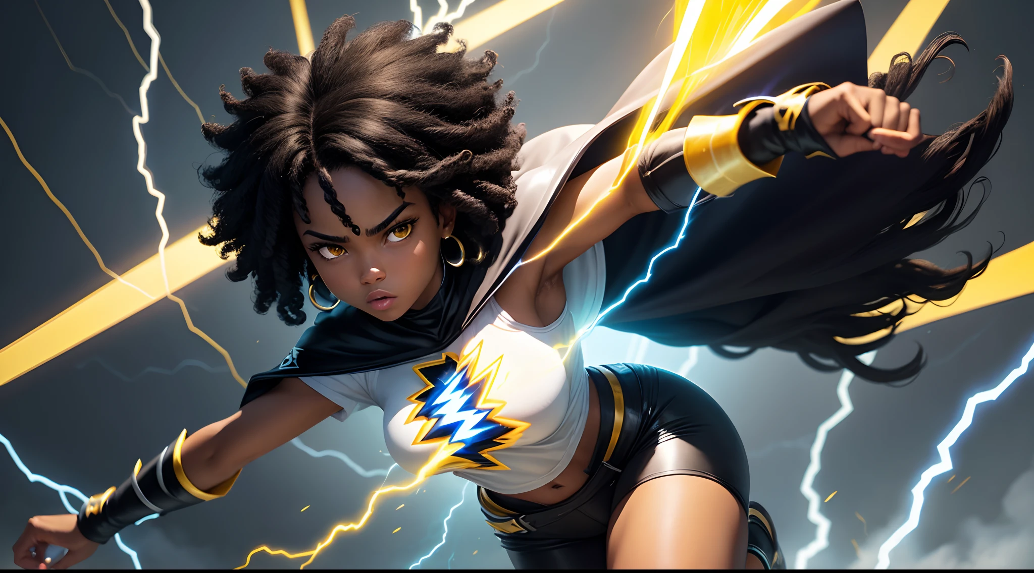 black power hair adolescent woman big tits black hero using cape yellow powers in hand White shirt lightning bolt design on shirt power electricity rays in hands skill power elementar blue Thunder shining hero