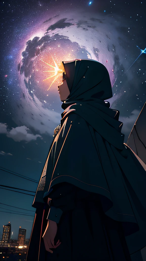 ((Best Quality, 8K, Masterpiece: 1.3)), landscape, morning shoot, star trail, slow speed, standing young girl with black hijab, look at the stars, amazing scenery, hundreds of stars forming a circle.