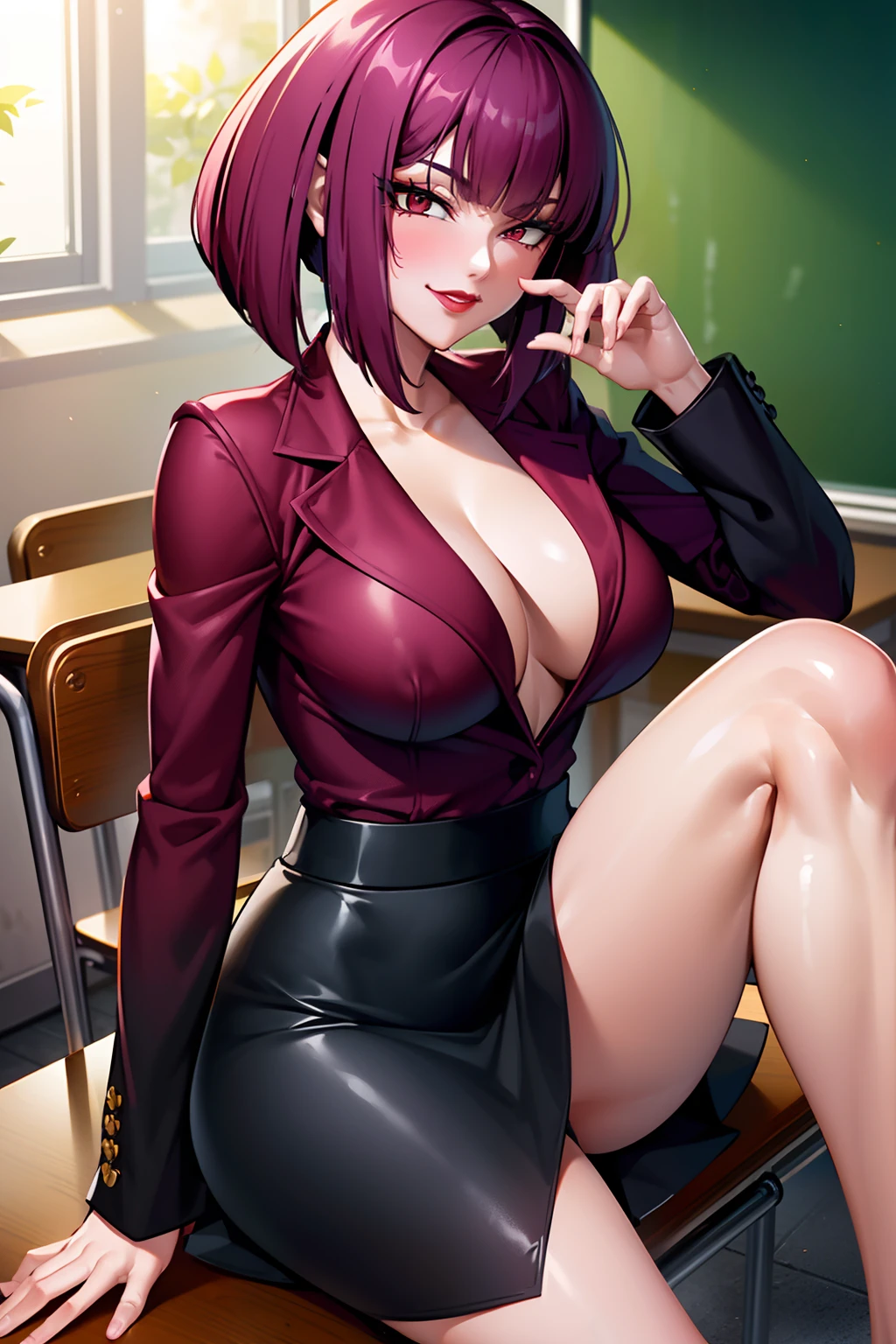 1girl,Oboro, mature female,purple hair, short hair, bangs, eyeshadow, low ponytail, lipstick, makeup, detailed face, red eyes,large breasts, black jacket, white shirt, teacher,suit skirt,office,smile,sitting,on table,