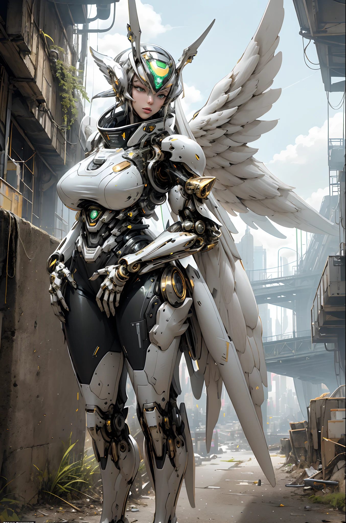 (NSFW, Top-quality, Super high resolution, Masterpiece, Highres, 8k, UHD, Detailed lighting, Shaders, Realism, highly detailed CG illustration), 1girl, Solo, (The ultimate beautiful girl, Very beautiful face), ((an extremely delicate and beautiful)), cinematic light, ((1mechanical girl)), The most beautiful platinum blonde hair in the world, (cowboy shot:1.2), (machine made wings, machine made joints:1.2), ((machanical limbs)), (blood vessels connected to tubes), ((mechanical cervial attaching to neck)), (Big breast, Voluptuous, Plump, Chubby, Thick thighs, Big ass), Glowing big beautiful light blue eyes, expressionless, (wires and cables attaching to neck:1.2), (wires and cables on head:1.2), (character focus), science fiction, extreme detailed, colorful,highest detailed, loongs, fengs, (Cyber punk background), (From front, Close-up:1.2)